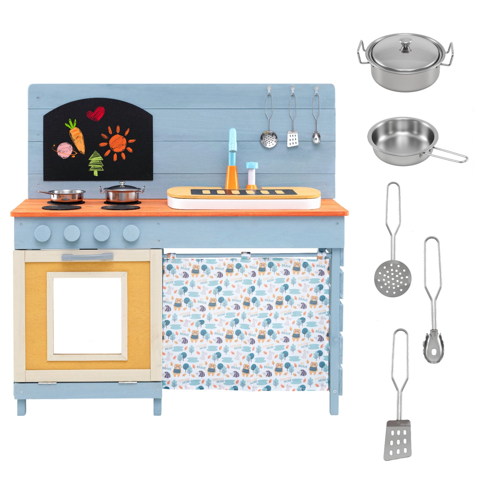 Kids Wooden Kitchen Playset with Sink & Stove-Blue - Savings Store