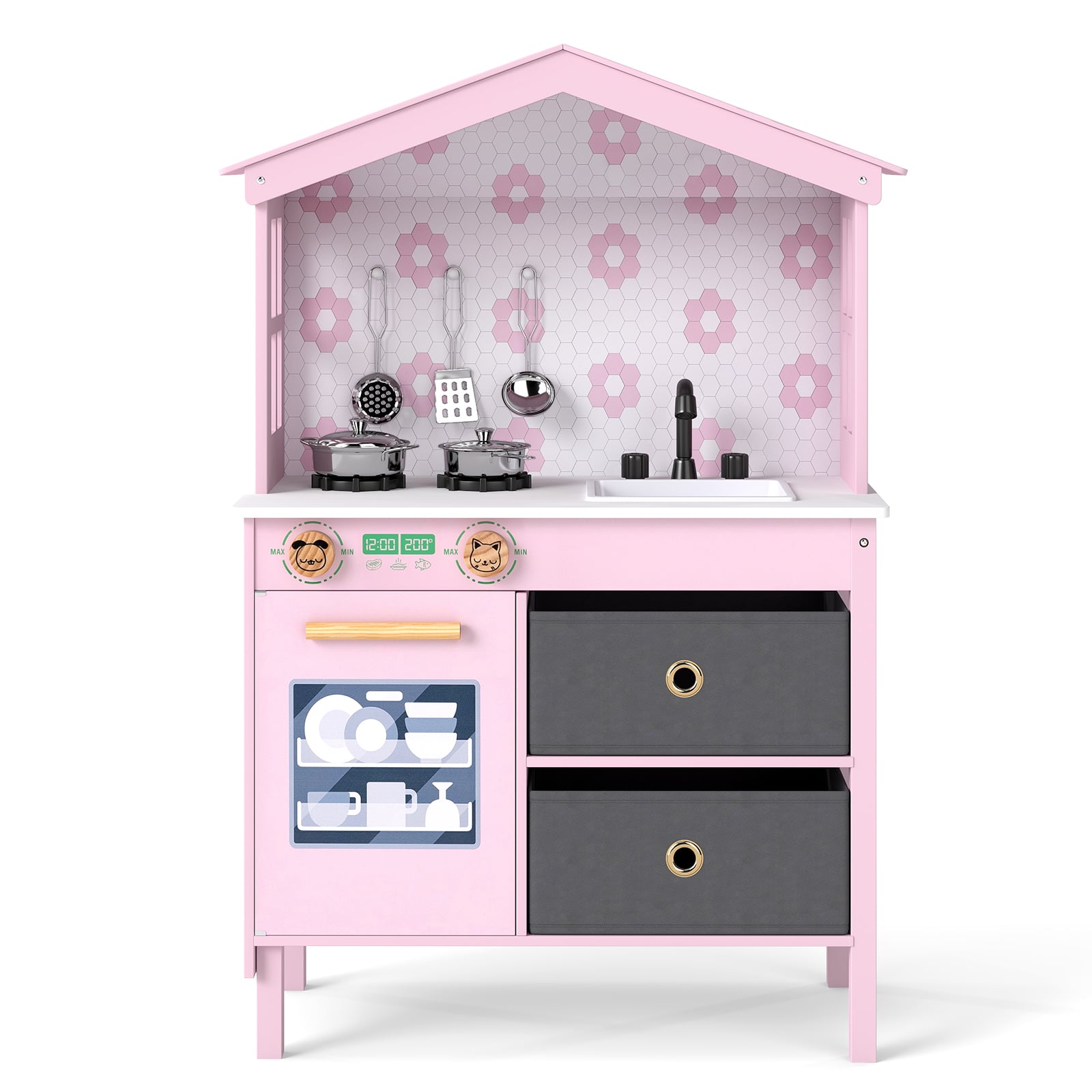 ULYN Kids Play Kitchen with 2 Stoves and Drawers and Dishwasher-Pink - Savings Store