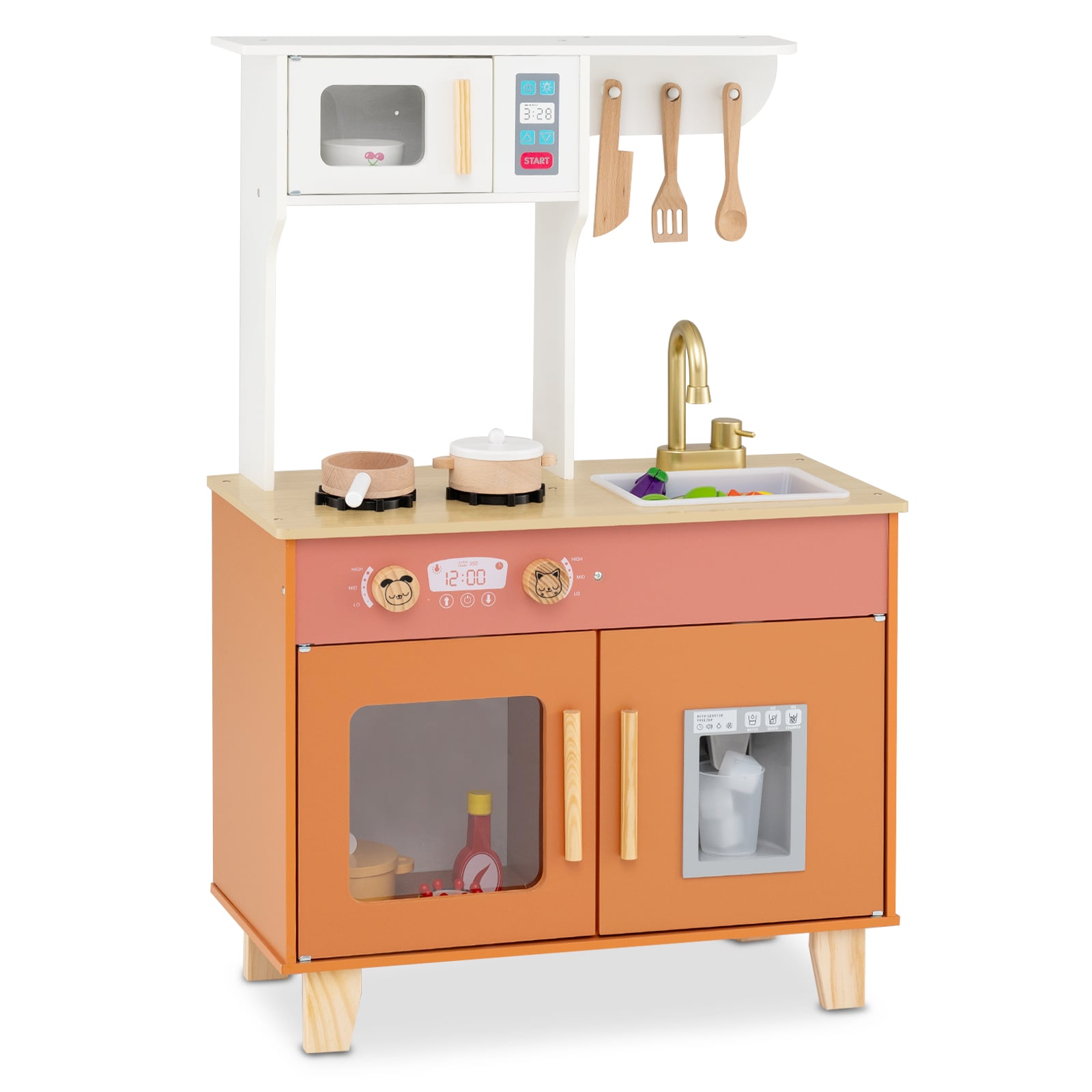 Wooden Play Kitchen with Cookware Accessories for Ages 3-6-Orange - Savings Store