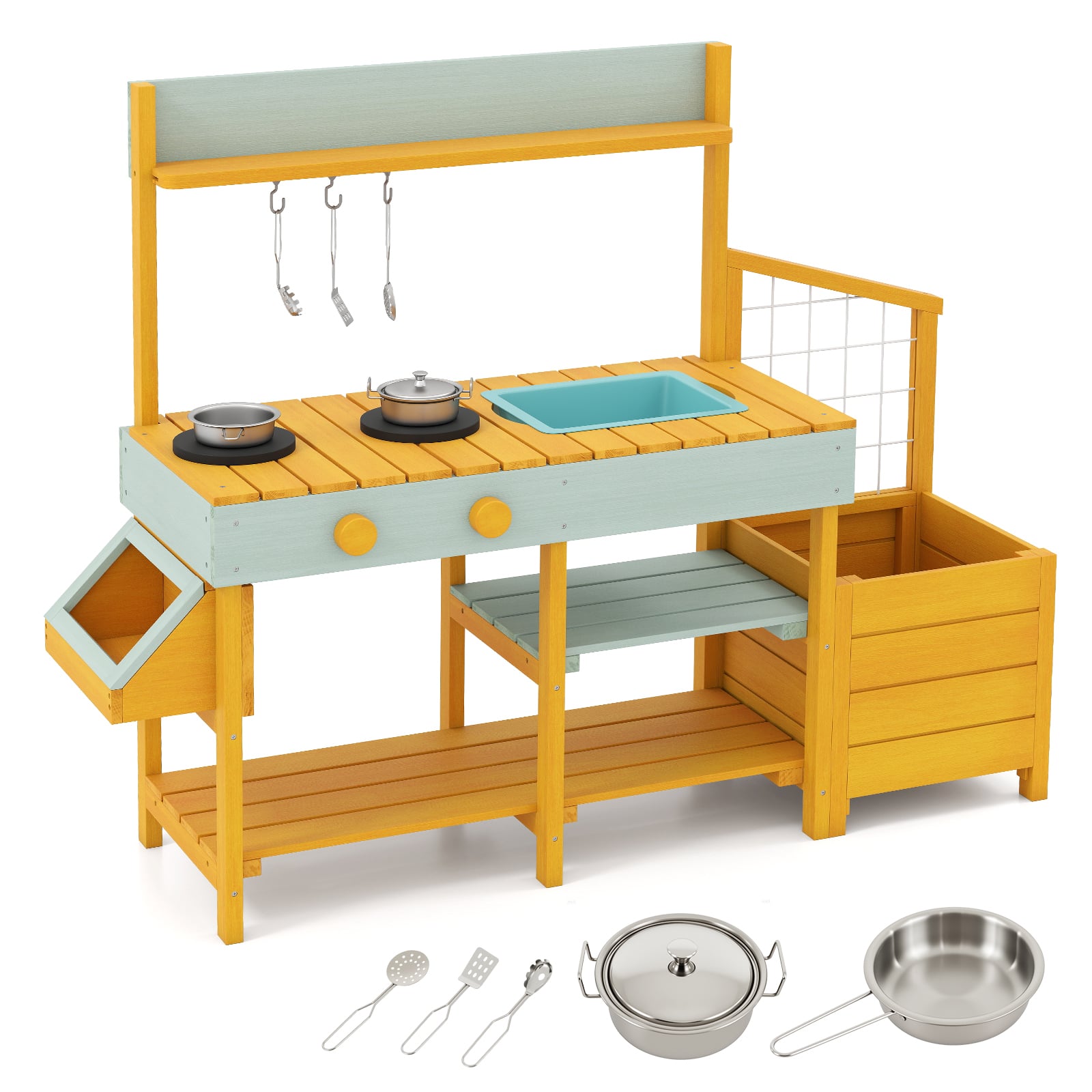 TORIN Pretend Mud Kitchen Play Kitchen with Removable Sink and Planter Boxes-Yellow - Savings Store