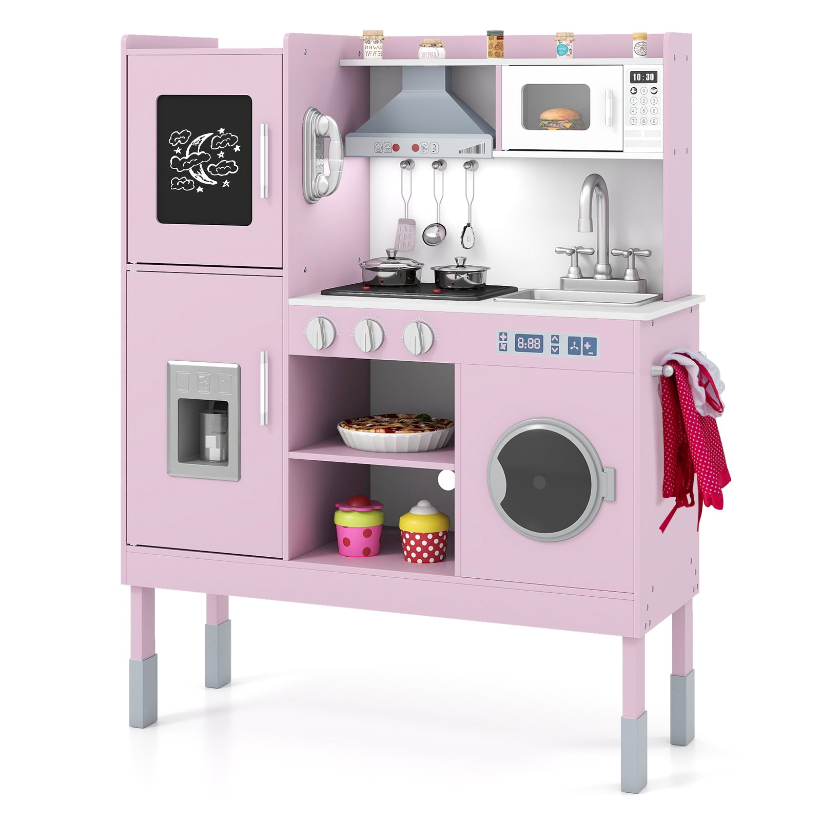 PAVOR Wooden Kitchen Toy Set with 16 Pieces Accessories and Real Sounds-Pink - Savings Store