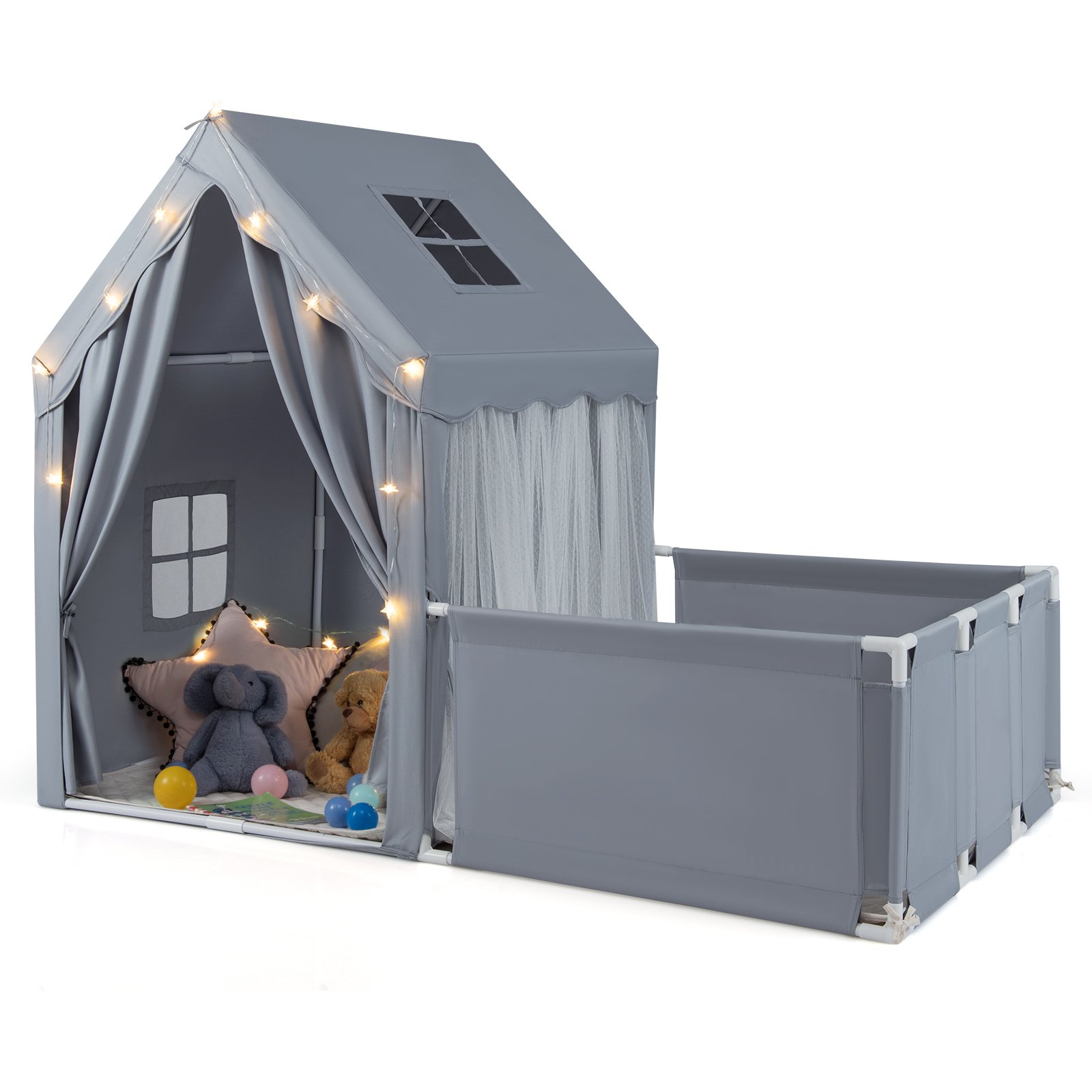 ROWVELL 2-in-1 Kids Play Tent with Playpen and Washable Cotton Mat-Grey - Savings Store