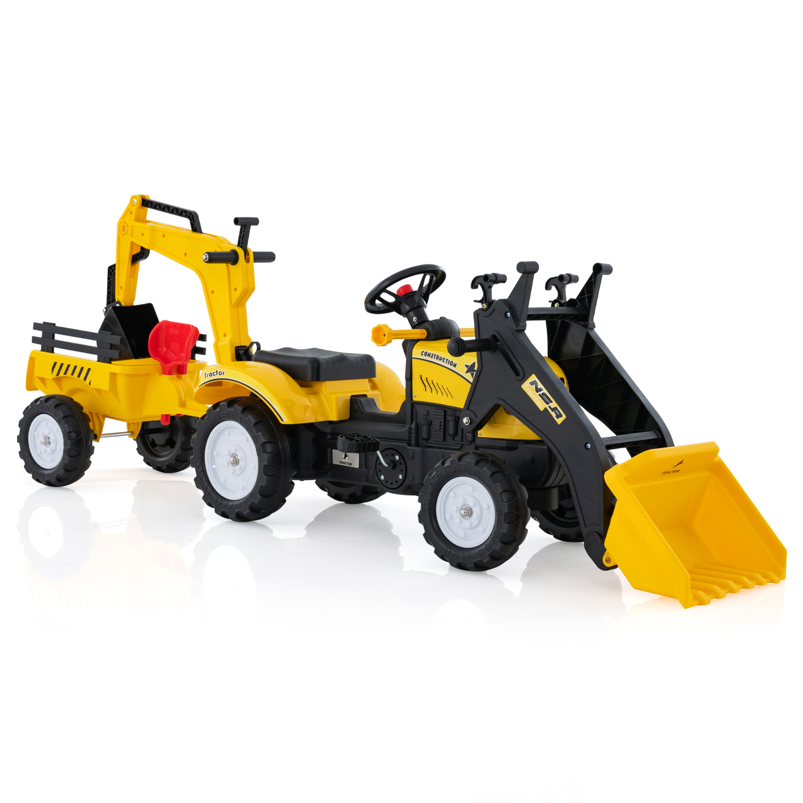 3-in-1 Kids Ride On Pedal Excavator with Detachable Trailer - Yellow - Savings Store