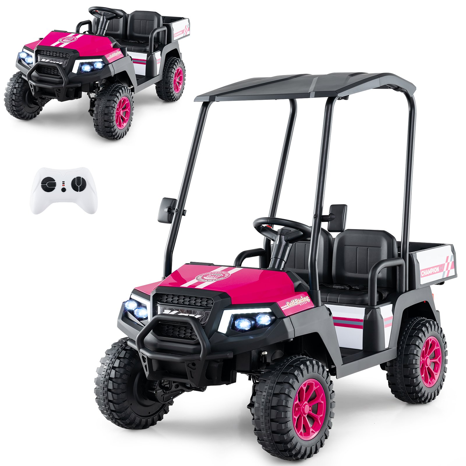 LOLYTA 24V Kids Golf Cart 4WD 2 Seater Ride on Car with Dump Bed-Pink - Savings Store