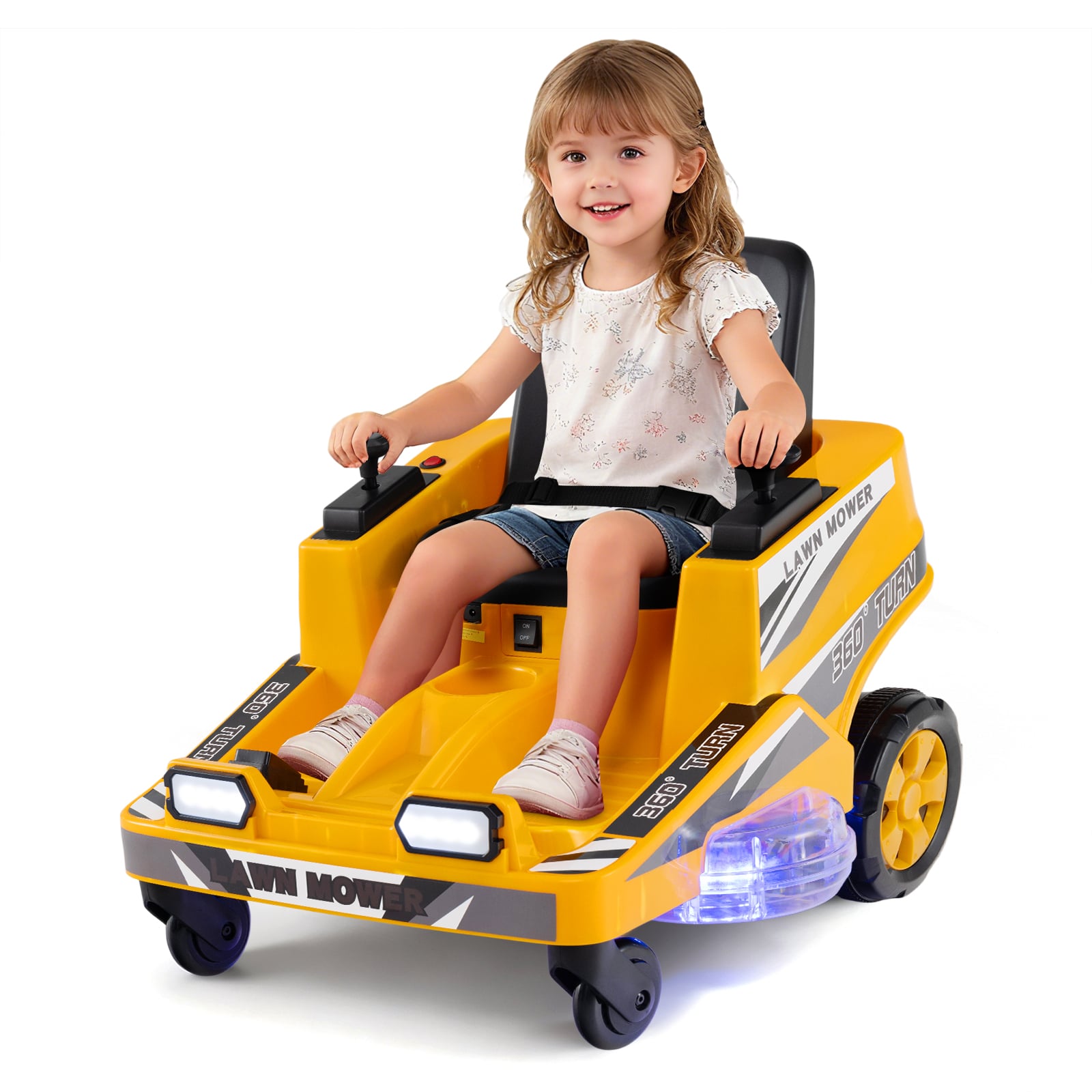 NUVIX 12V Ride on Lawn Mower for Kids with Dual Control Sticks and LED Lights-Yellow - Savings Store