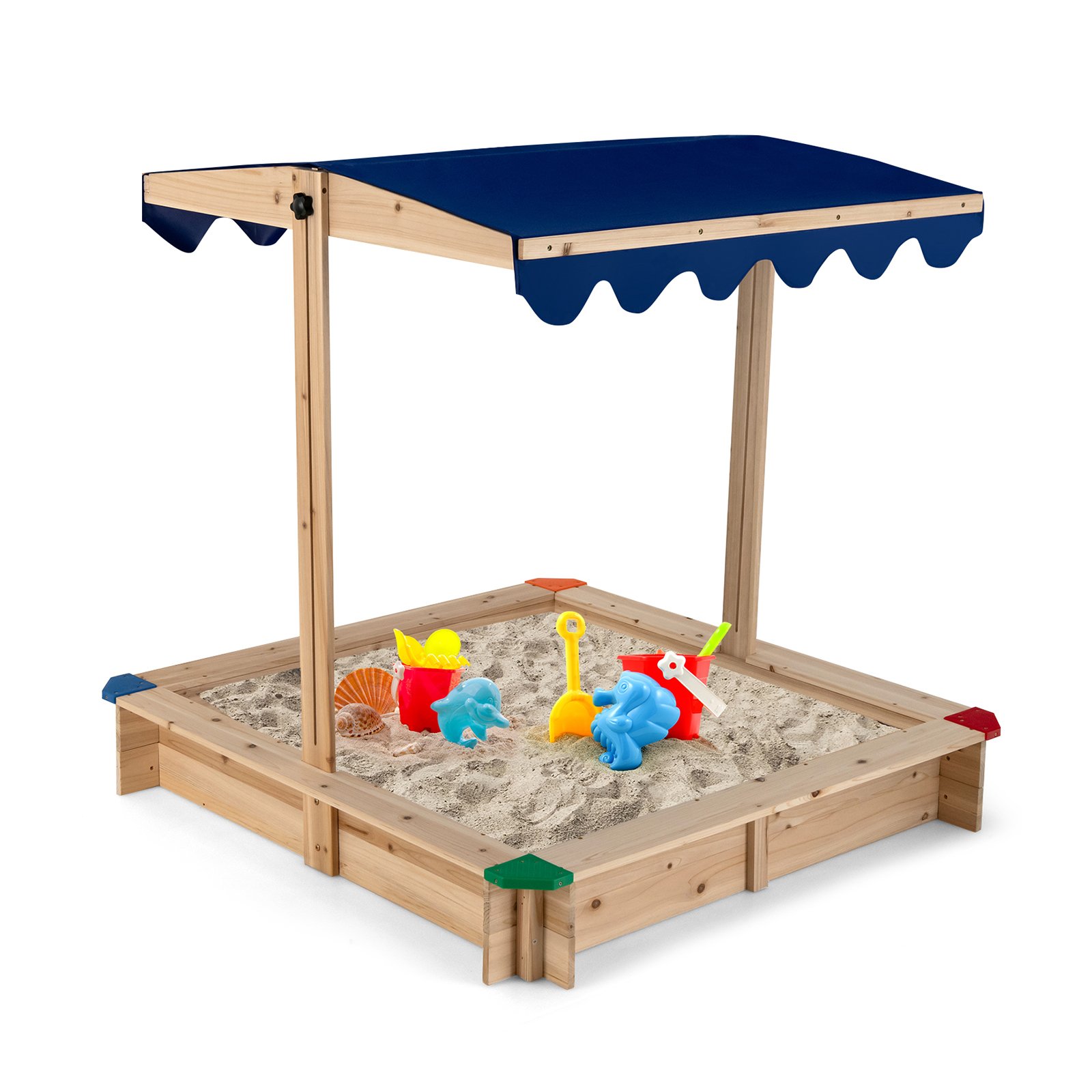 Outdoor Sandbox - Wooden Kids Sandbox with Height-Adjustable Canopy and Protective Corners - Savings Store