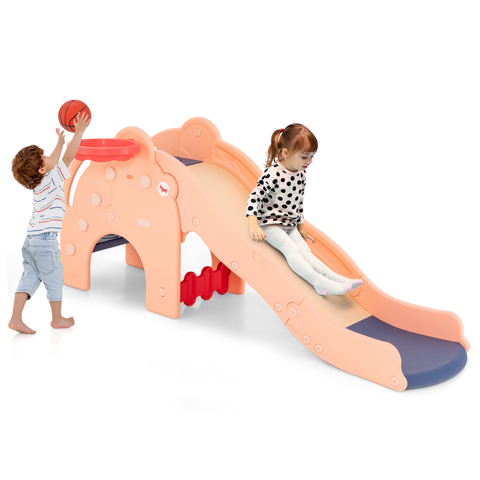Kids Play Slide with Cute Elephant Shape and Basketball Hoop-Pink - Savings Store