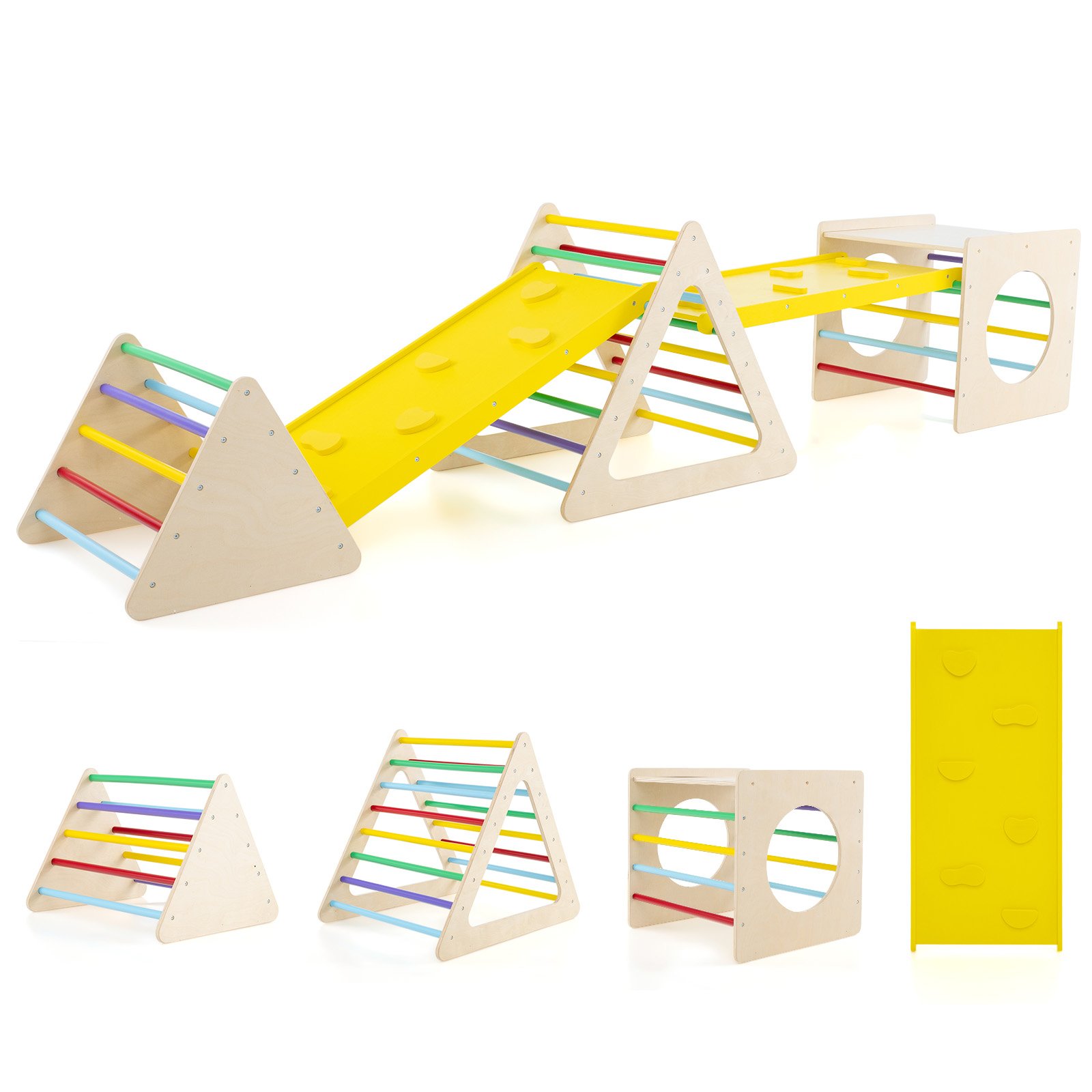 6-in-1 Set of 5 Toddler Triangle Climber for Sliding and Climbing-Natural - Savings Store