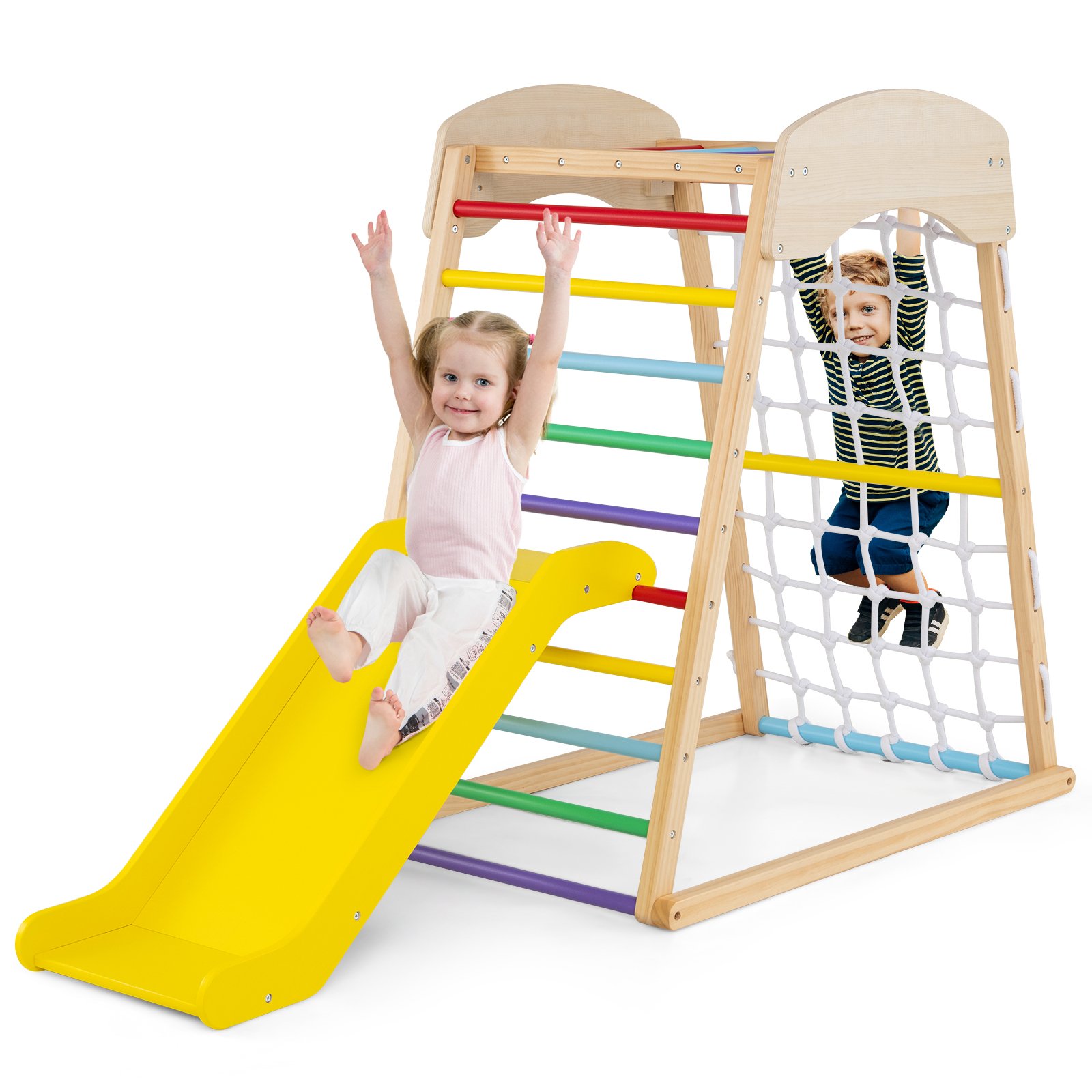 TASI 4-in-1 Jungle Gym Wooden Indoor Toddler Playground with Slide-Colourful - Savings Store