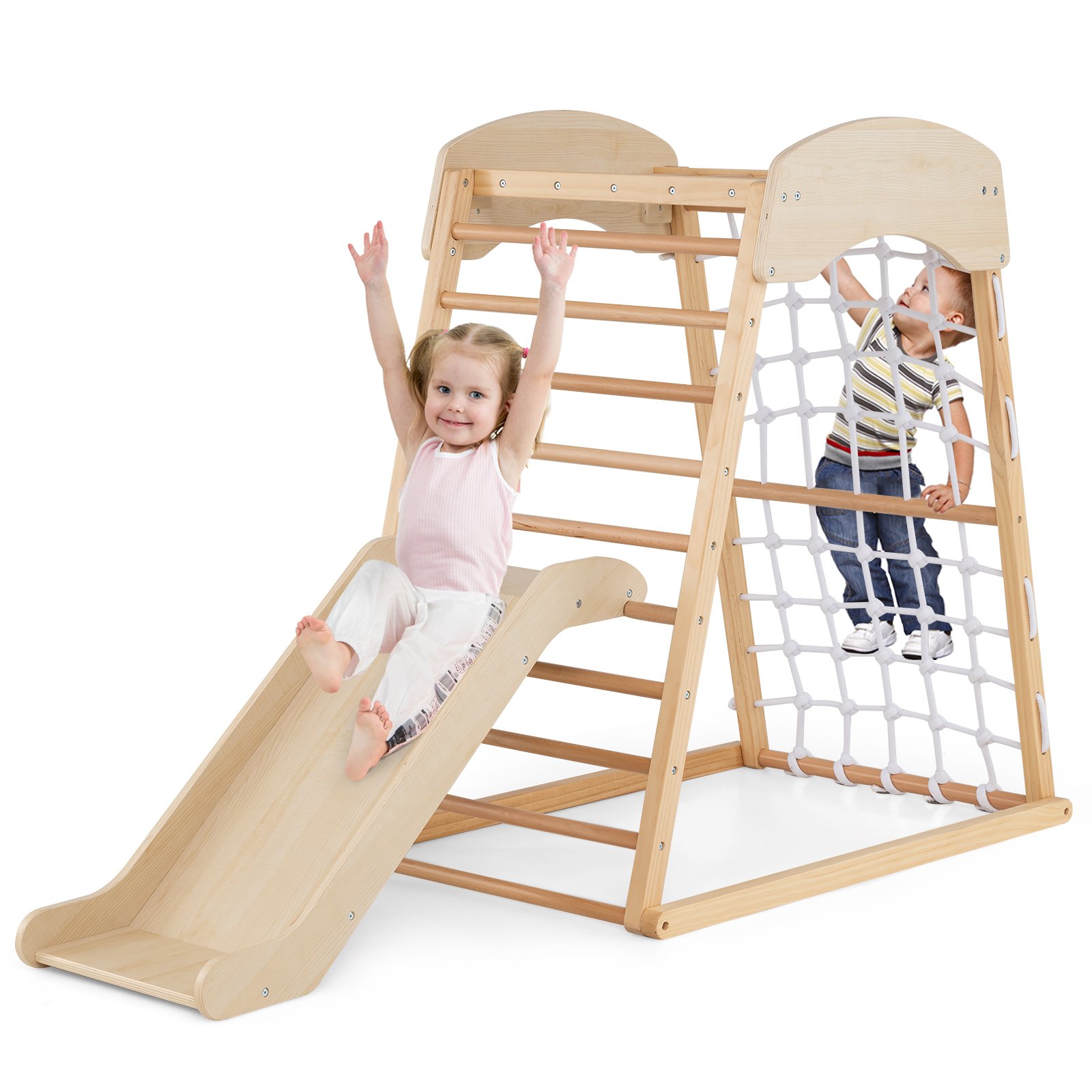 TASI 4-in-1 Jungle Gym Wooden Indoor Toddler Playground with Slide-Natural - Savings Store