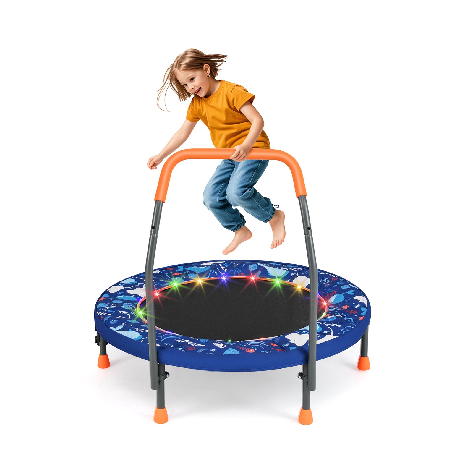 ULNECA 90 cm Folding Mini Trampoline for Kids with Lights and Padded Safety Cover-Navy - Savings Store