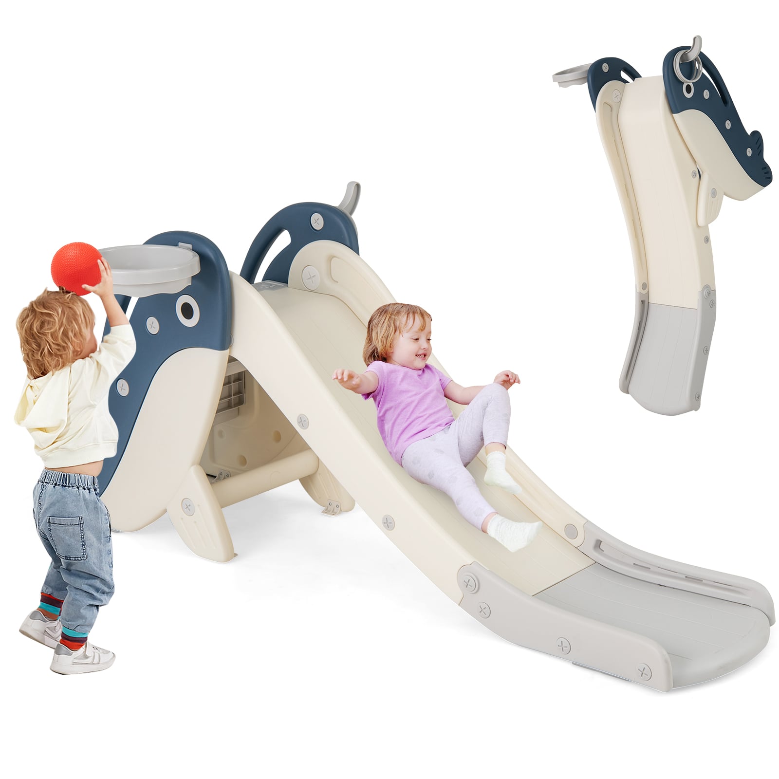 4-in-1 Toddler Slide with Basketball Hoop and Space-saving Folding Design-Blue - Savings Store
