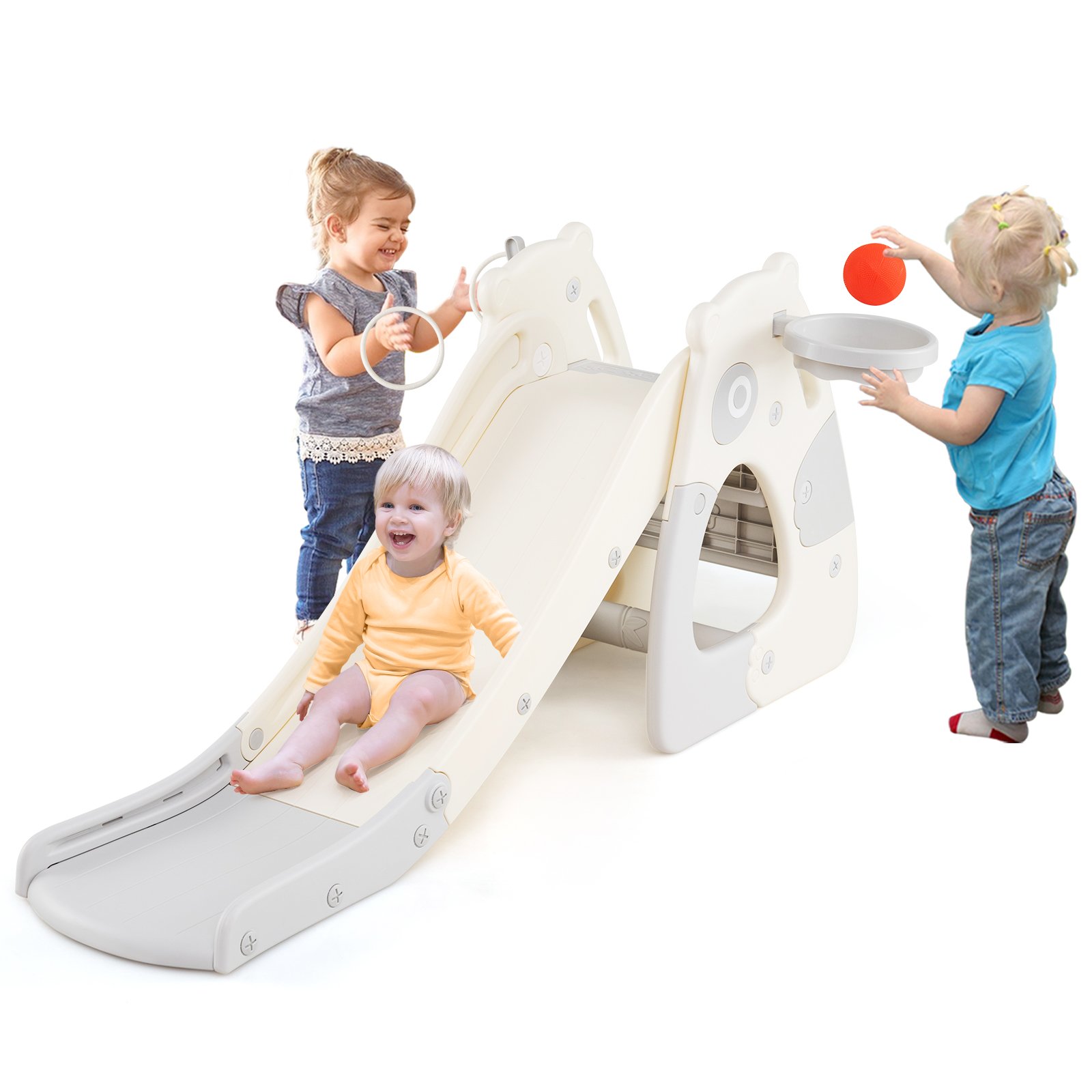 Foldable Toddler Slide with Basketball Hoop and Ball-Grey - Savings Store