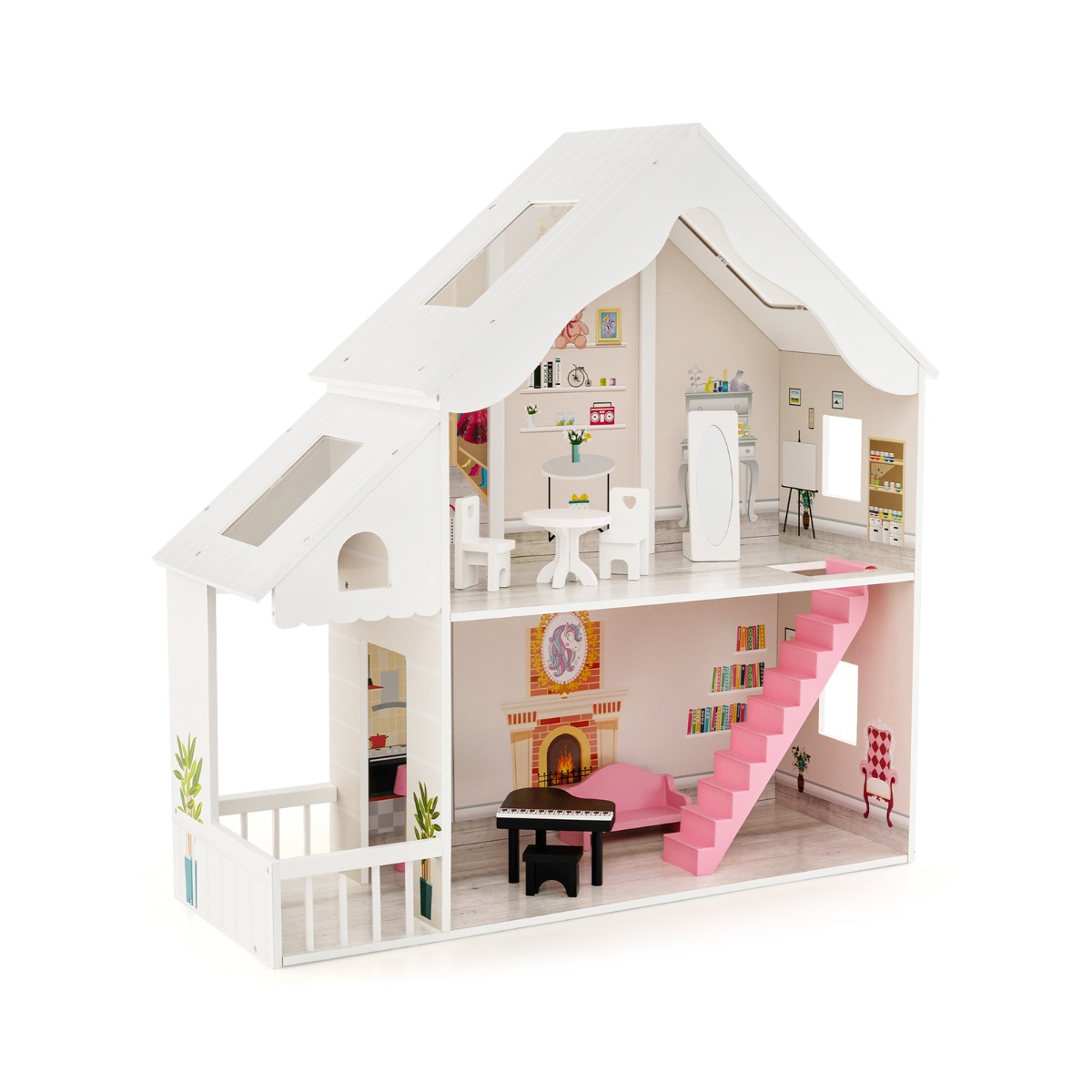 Kids Wooden Dollhouse with Simulated Rooms and Furniture Set-White - Savings Store