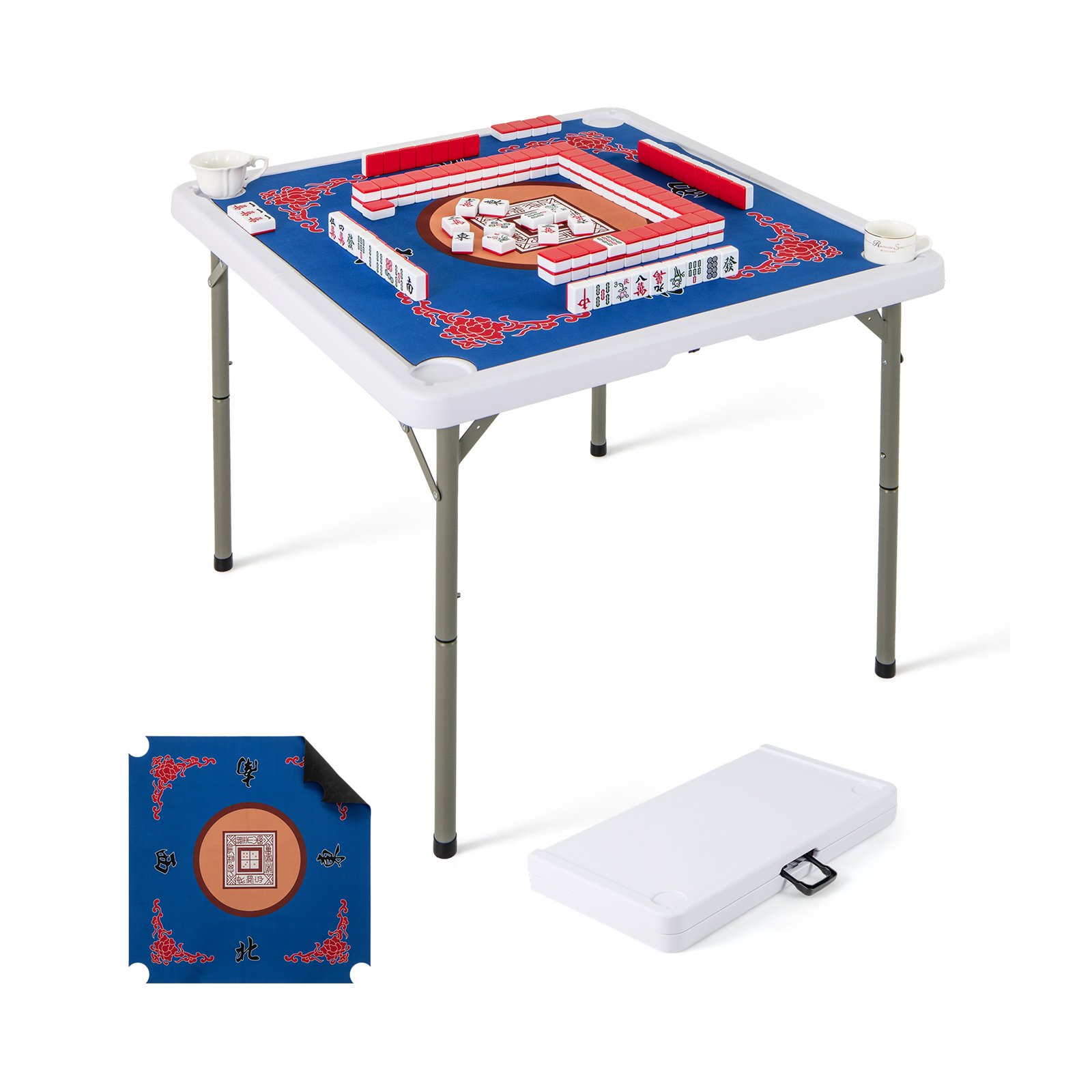 ULRILU Folding Mahjong Table with Cup Holders and Removable Game Mat-Blue - Savings Store
