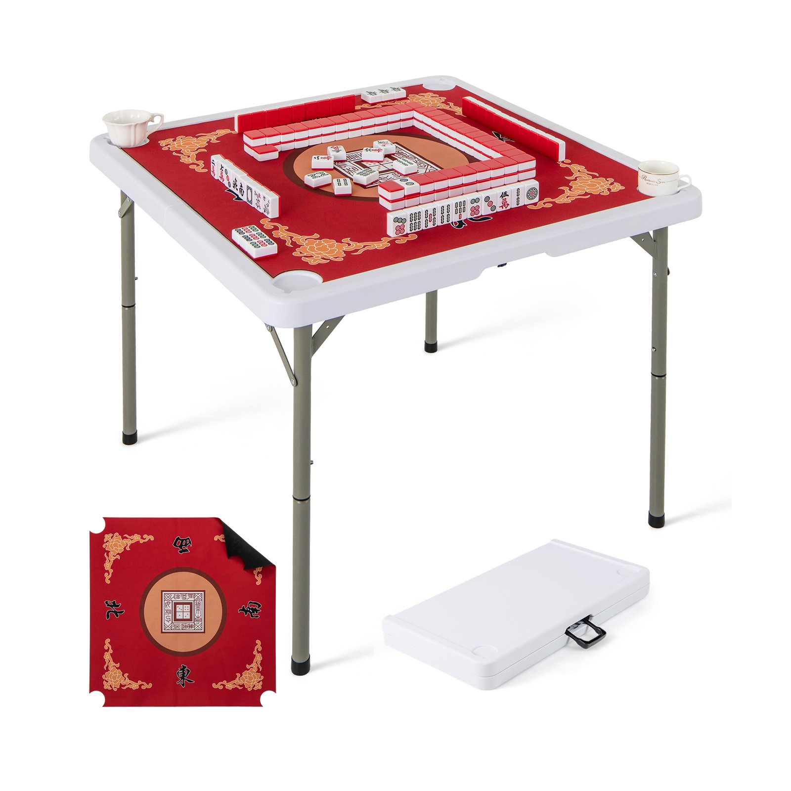 ULRILU Folding Mahjong Table with Cup Holders and Removable Game Mat-Red - Savings Store