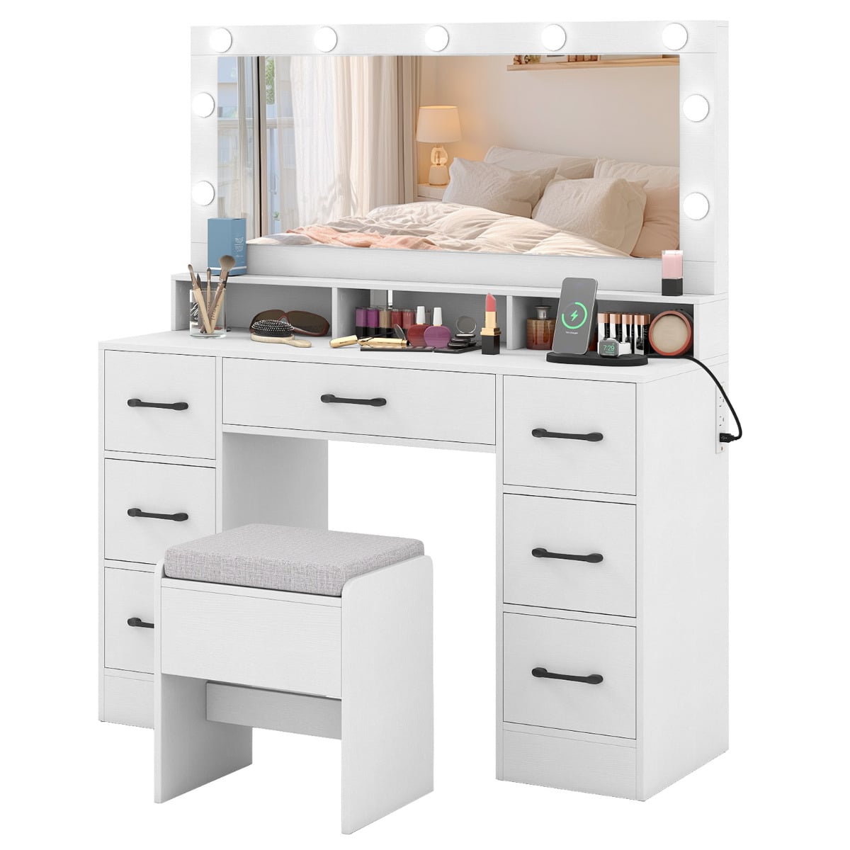 XORIN Vanity Desk with Mirror and Lights Makeup Table with Power Outlets-White - Savings Store