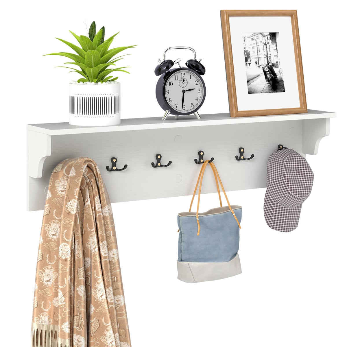 YAVIX 80cm Wall Hooks with Shelf Wooden Coat Rack-White - Savings Store