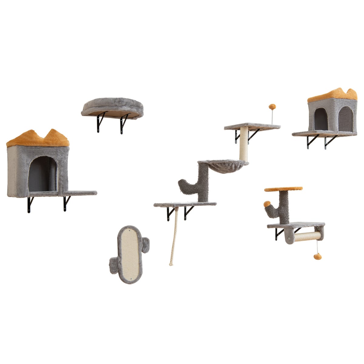 Wall-Mounted Cat Tower Set with 2-Tier Platform and 2 Comfy Cat Condos - Savings Store