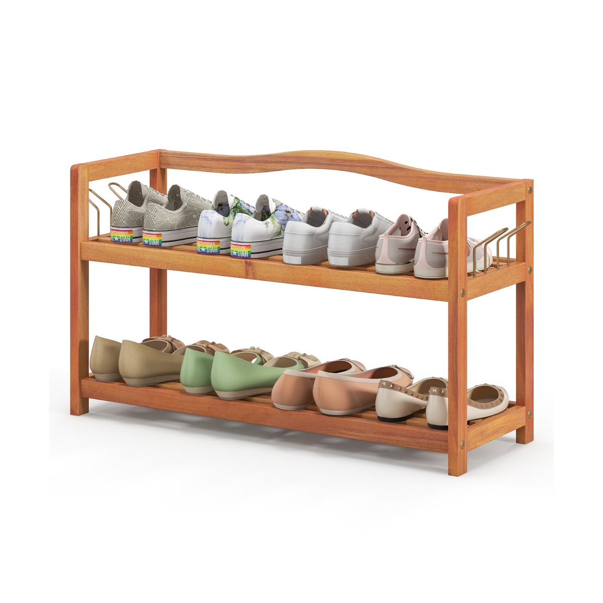Solid Acacia Wood Shoe Rack Shelf with Side Metal Hooks-2-Tier - Savings Store
