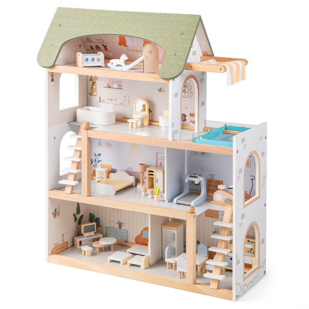 Wooden Dollhouse with 33 PCS Furniture Accessories for Girls and Boys-Green - Savings Store