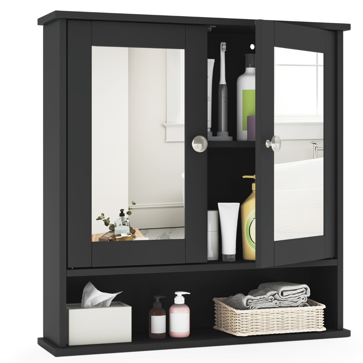 Wooden Hanging Medicine Organizer with Mirror and Adjustable Shelf-Black - Savings Store
