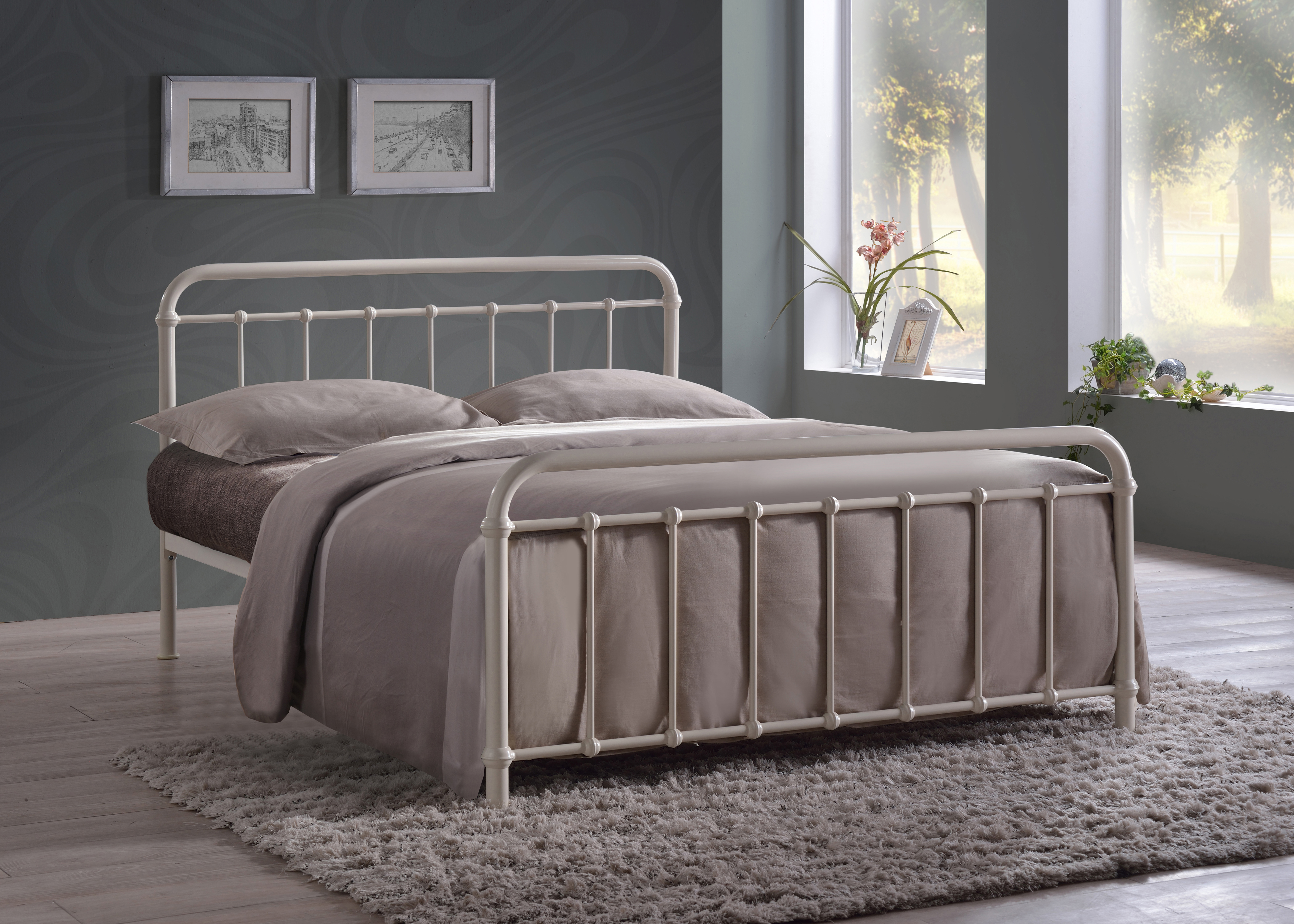 Double Bed - MIAVERA 4ft6 Metal Bed Ivory - Bedland