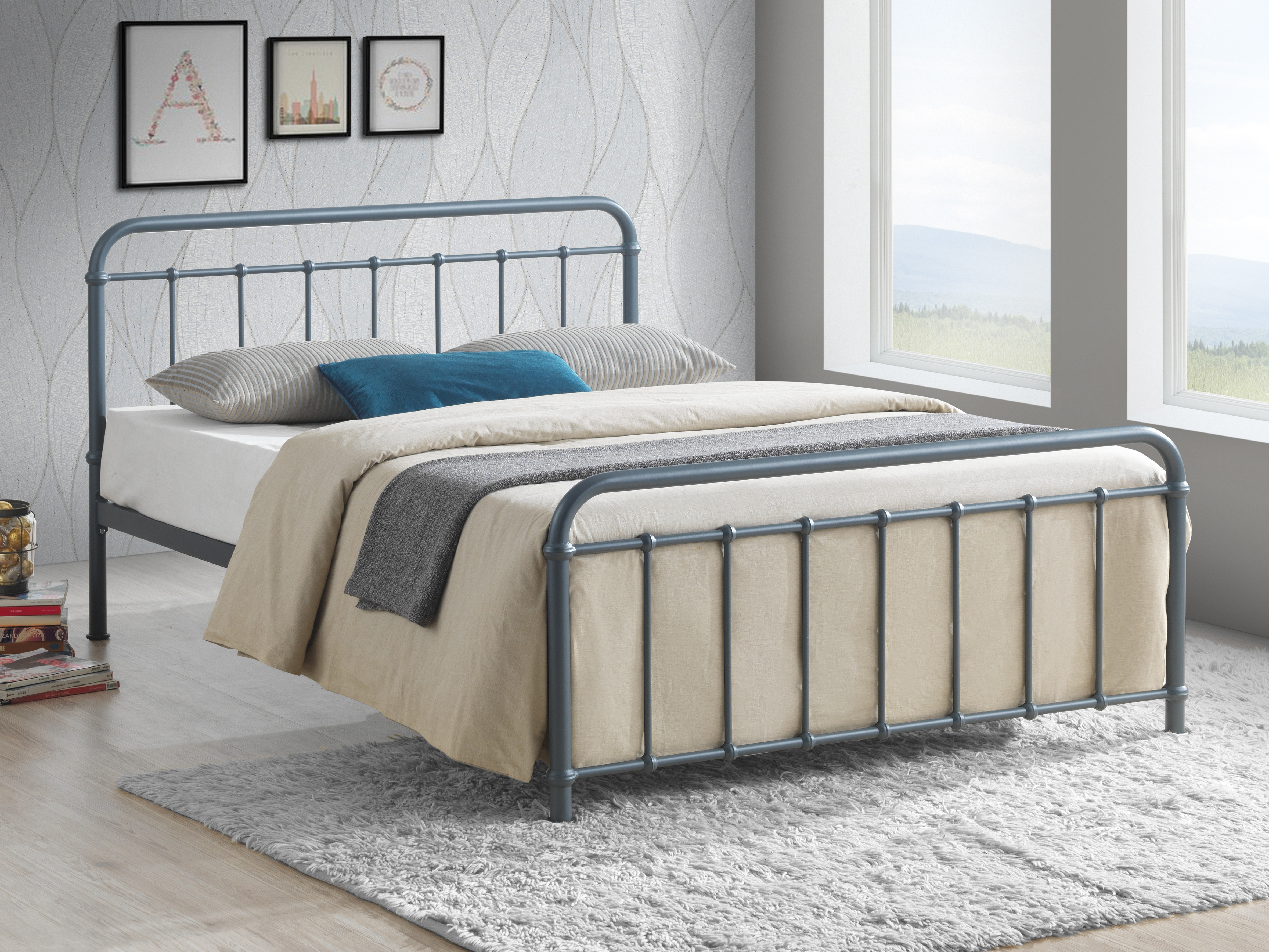 Double Bed - MIAVERA 4ft6 Metal Bed Grey - Bedland