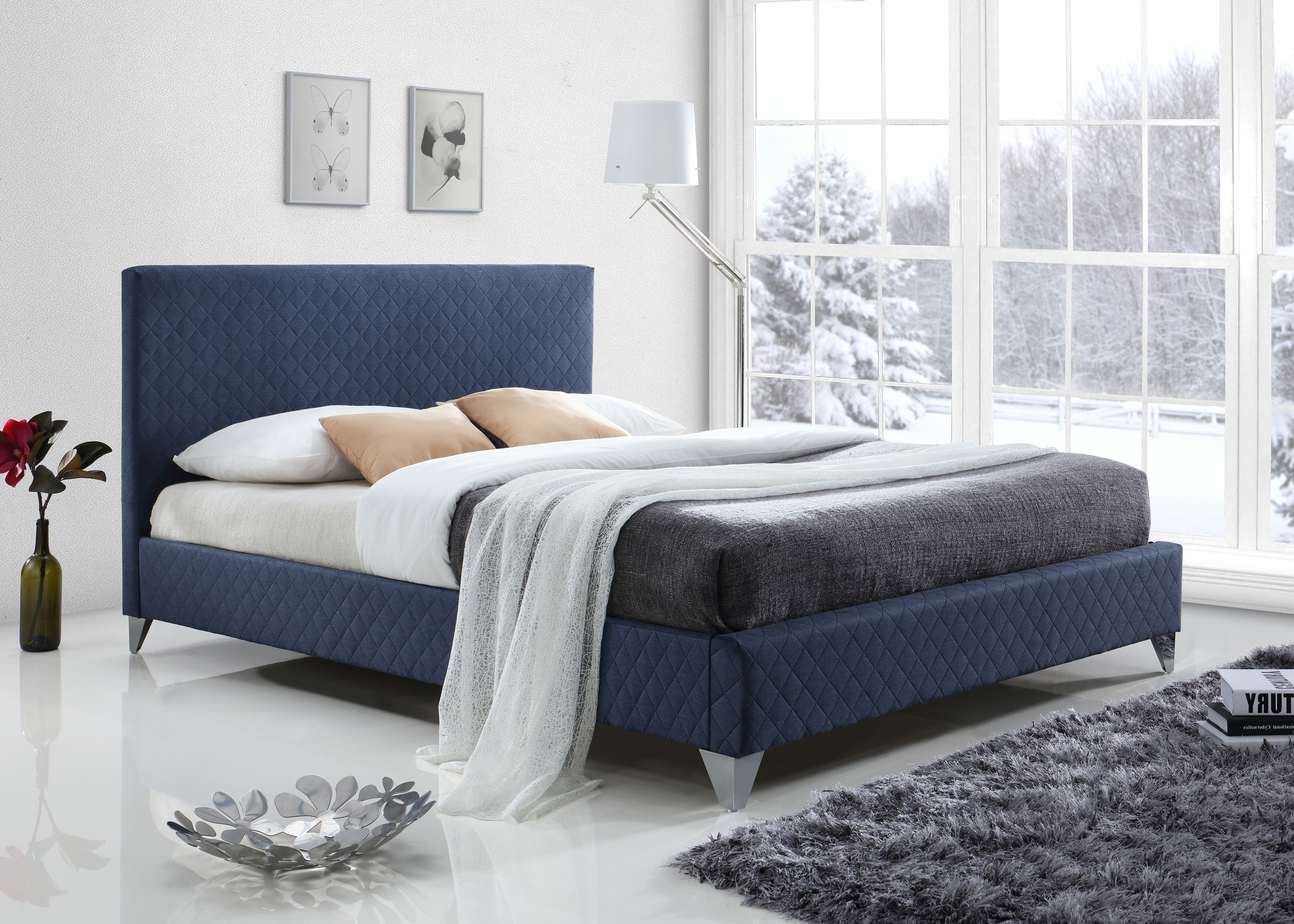 Double Bed - BROXLEY 4ft6 Fabric Bed Blue - Bedland