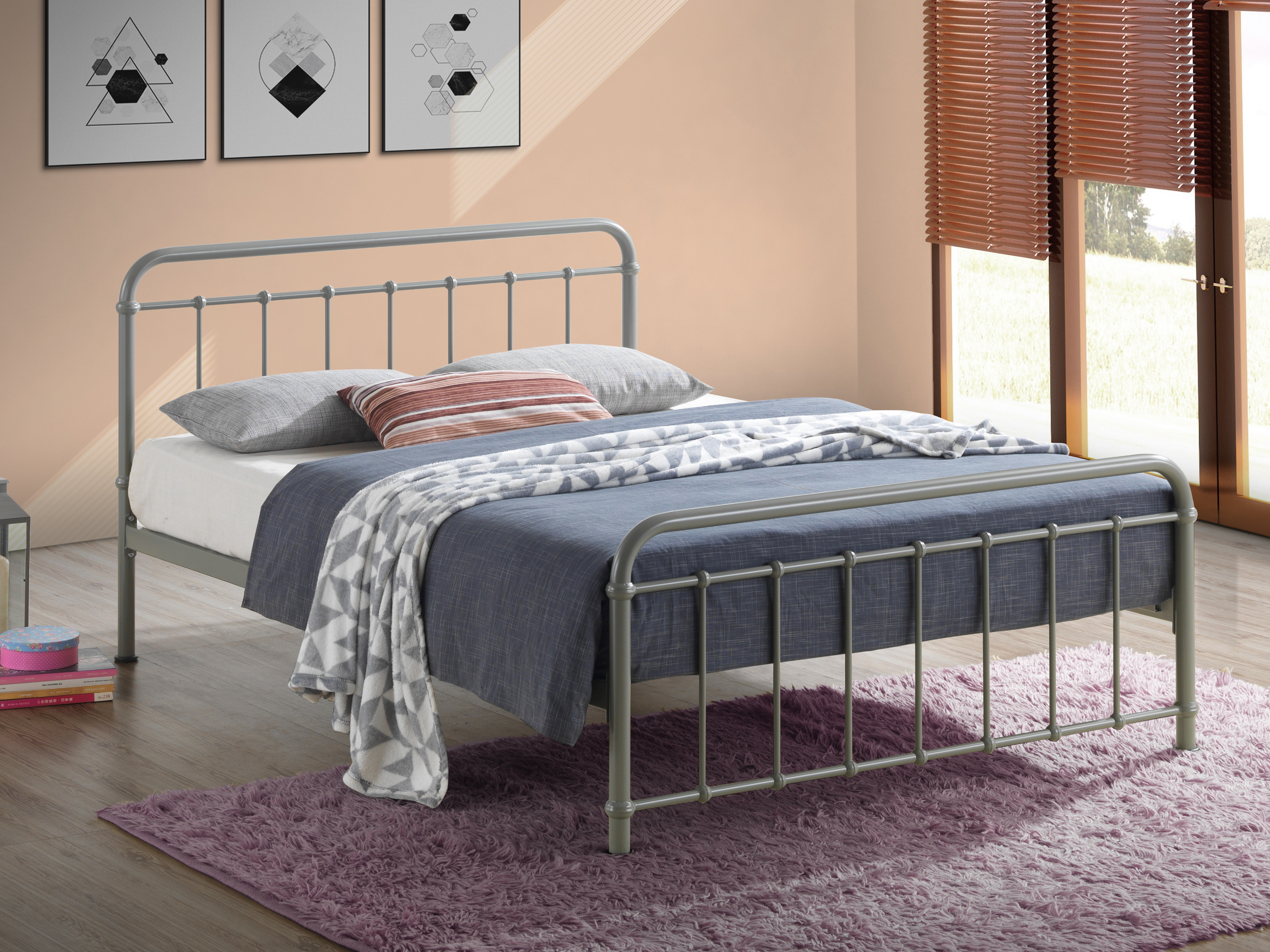 Small Double Bed - MIAVERA 4ft Metal Bed Pebble - Bedland