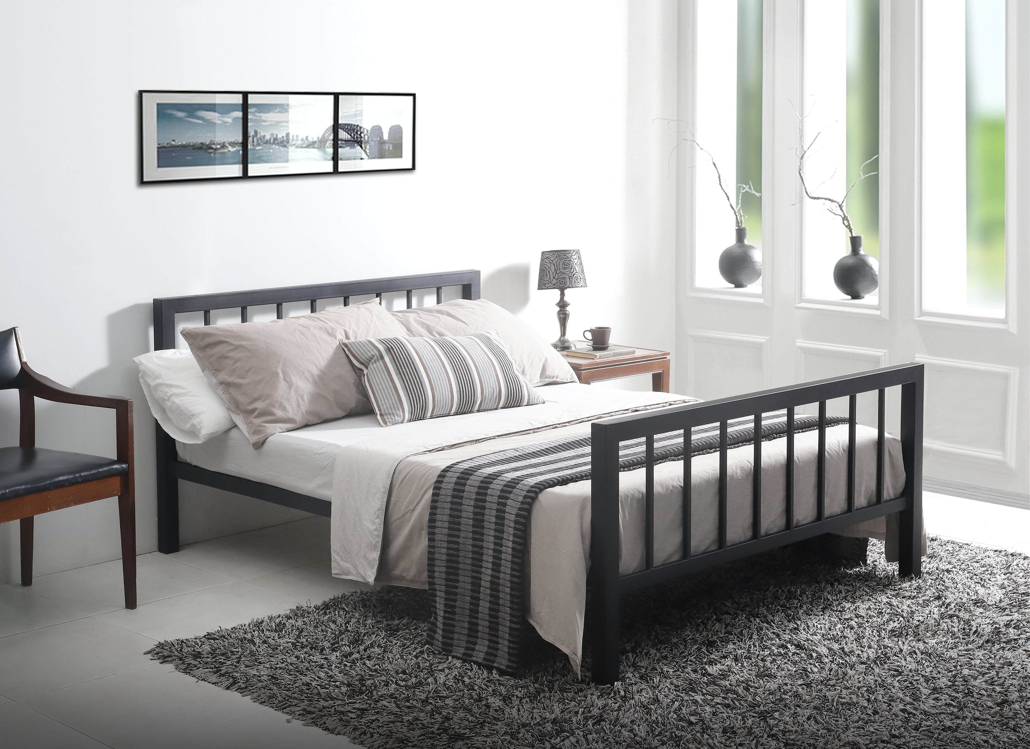 Double Bed - METRANO 4ft6 Metal Bed Charcoal Black - Bedland