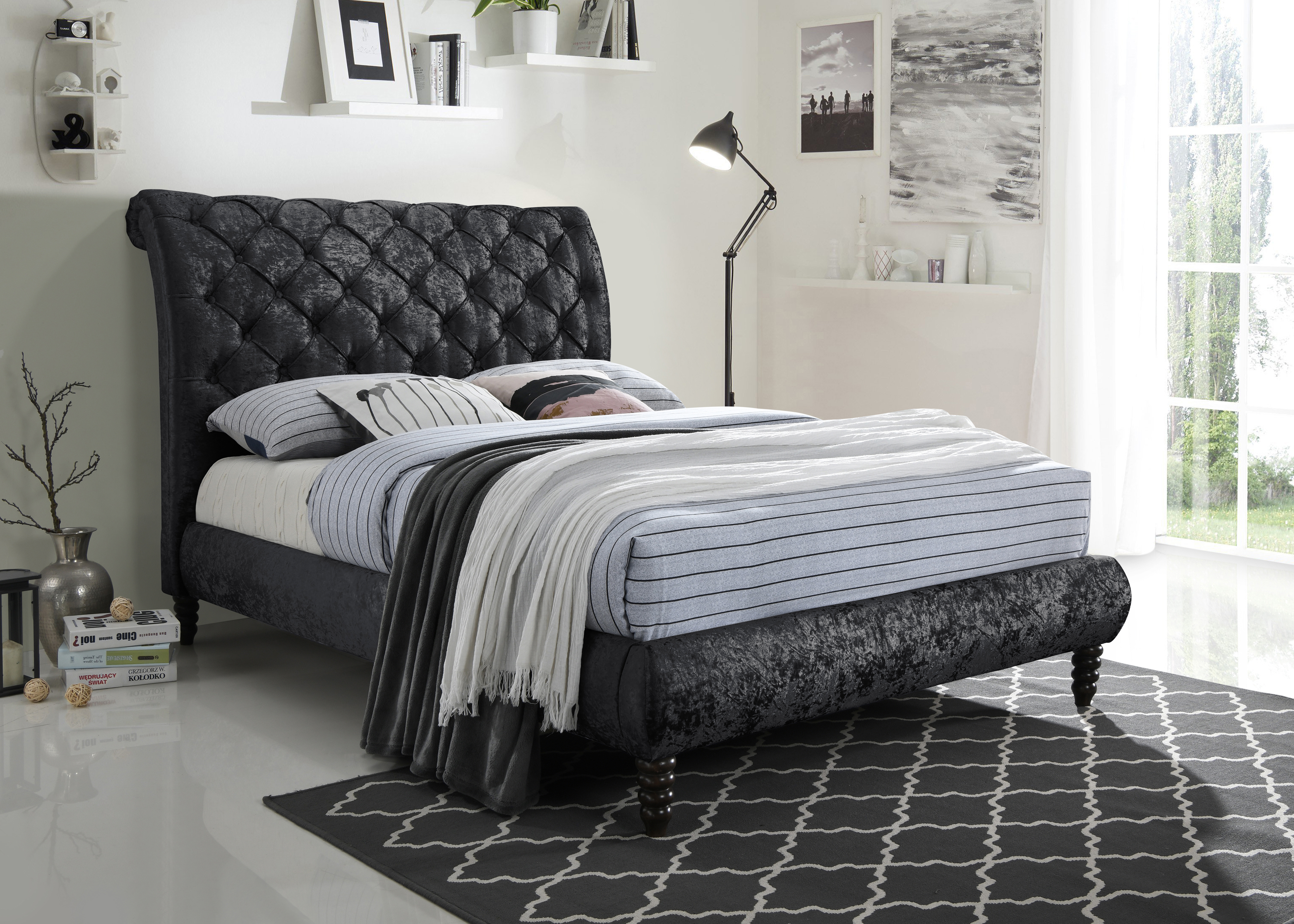 Double Bed - VENOVIA 4ft6 Fabric Bed Black - Bedland