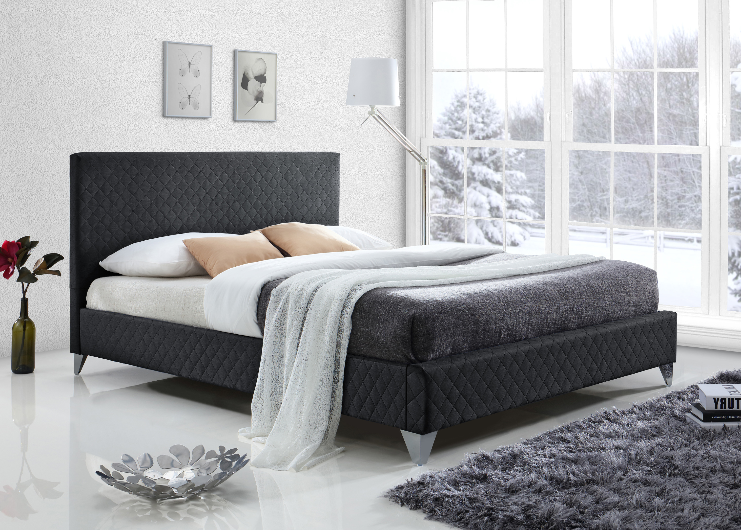 Double Bed - BROXLEY 4ft6 Fabric Bed Dark Grey - Bedland