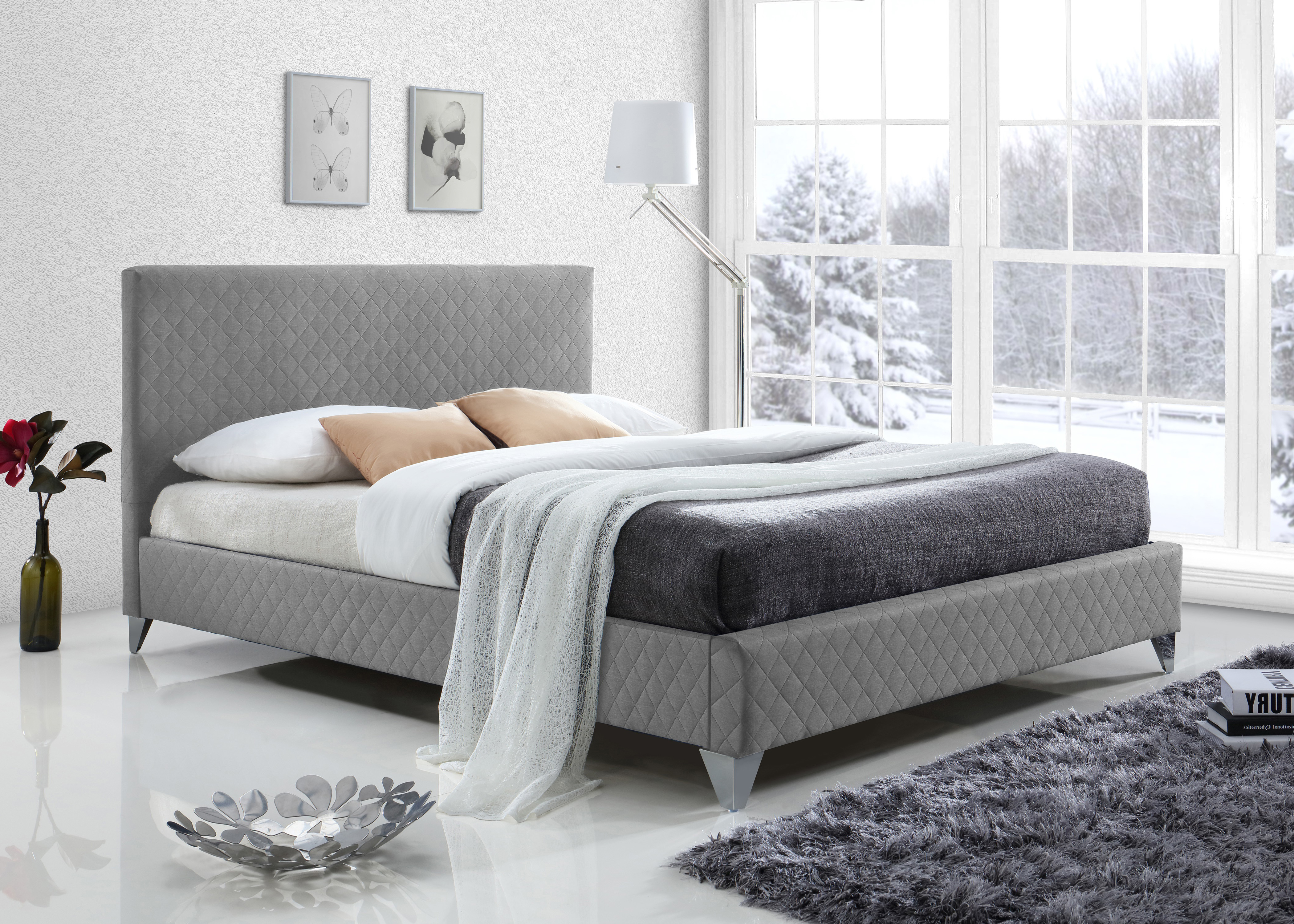 Double Bed - BROXLEY 4ft6 Fabric Bed Light Grey - Bedland