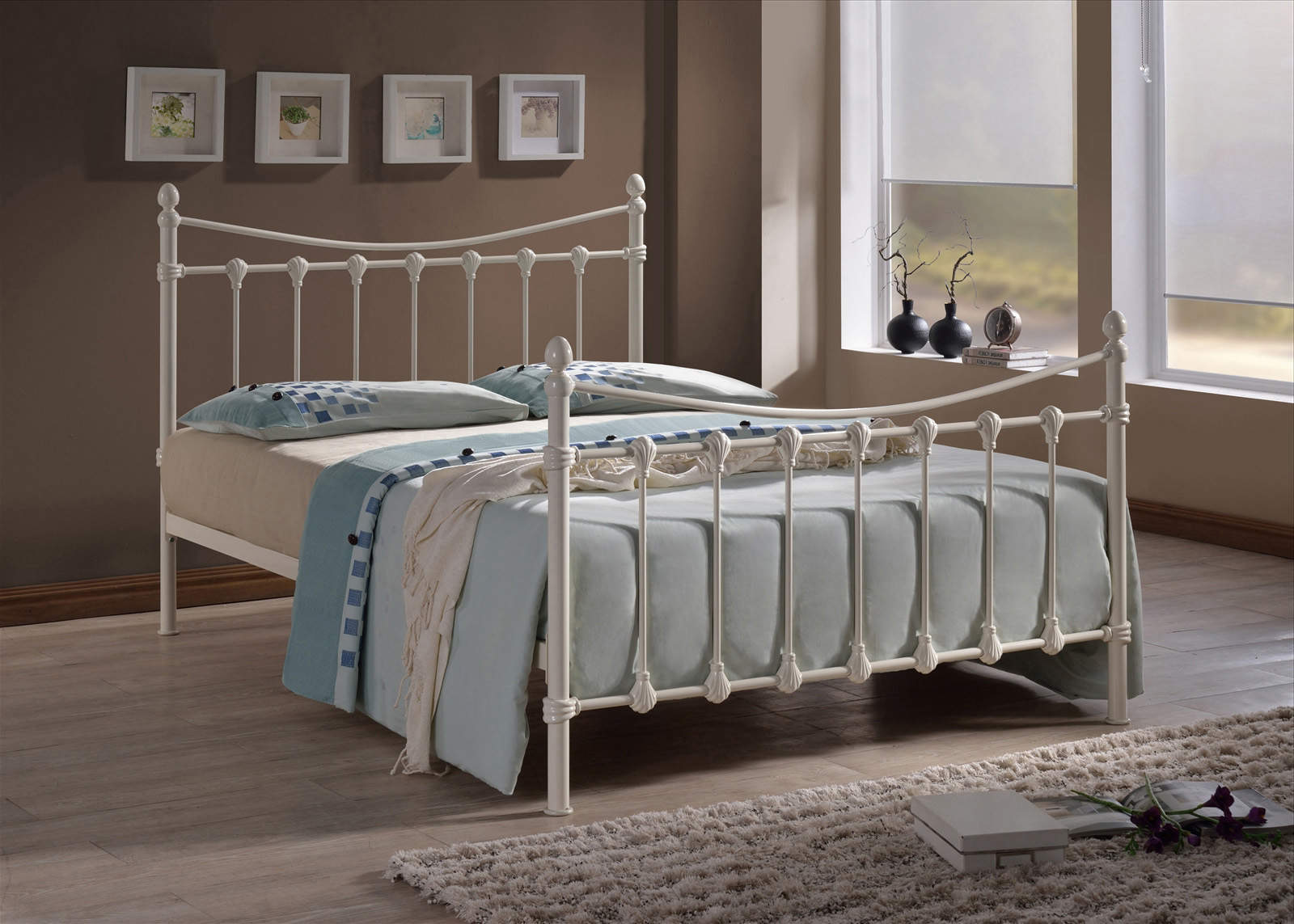 Double Bed - FLOVANA 4ft6 Metal Bed Ivory - Bedland