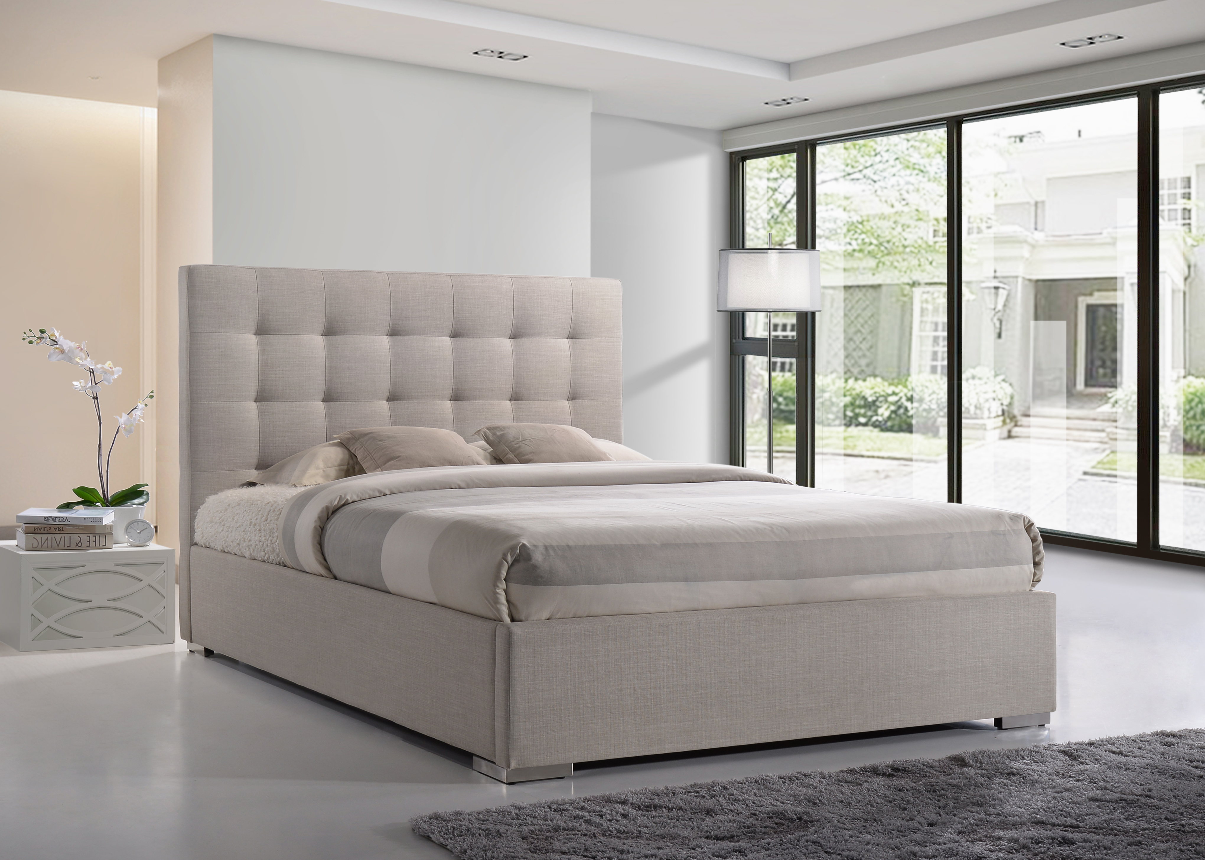 Double Bed - NEVONA 4ft6 Fabric Bed Sand - Bedland