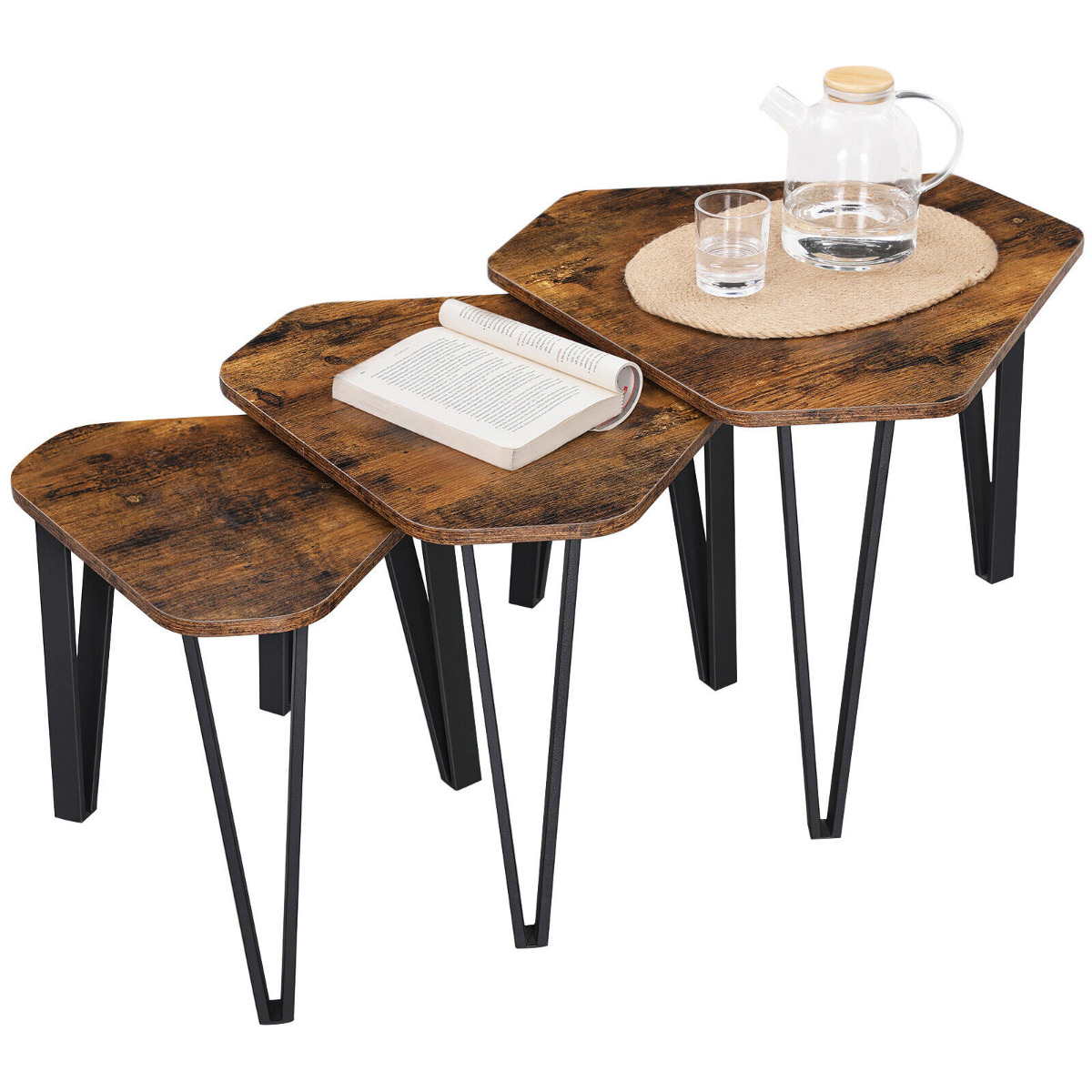 Nesting Coffee Table Set of 3 End Tables Stacking - Rustic Brown - Bedroom & More