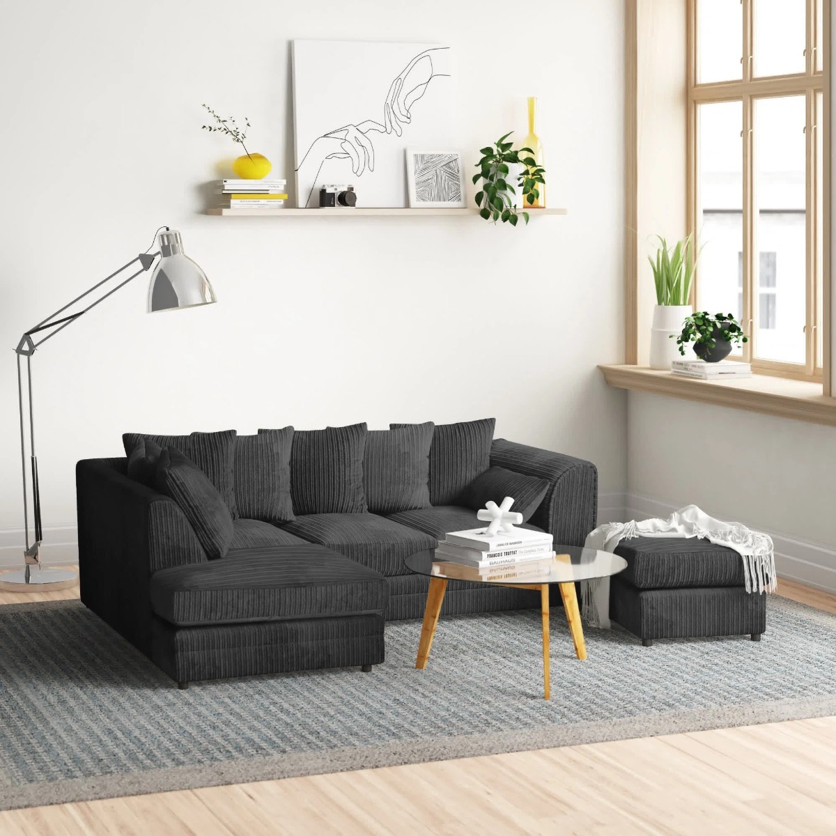 MONA Jumbo Cord 4 Seater L Shaped - Left Hand Facing Corner Sofa with Footstool - Black - Home Done