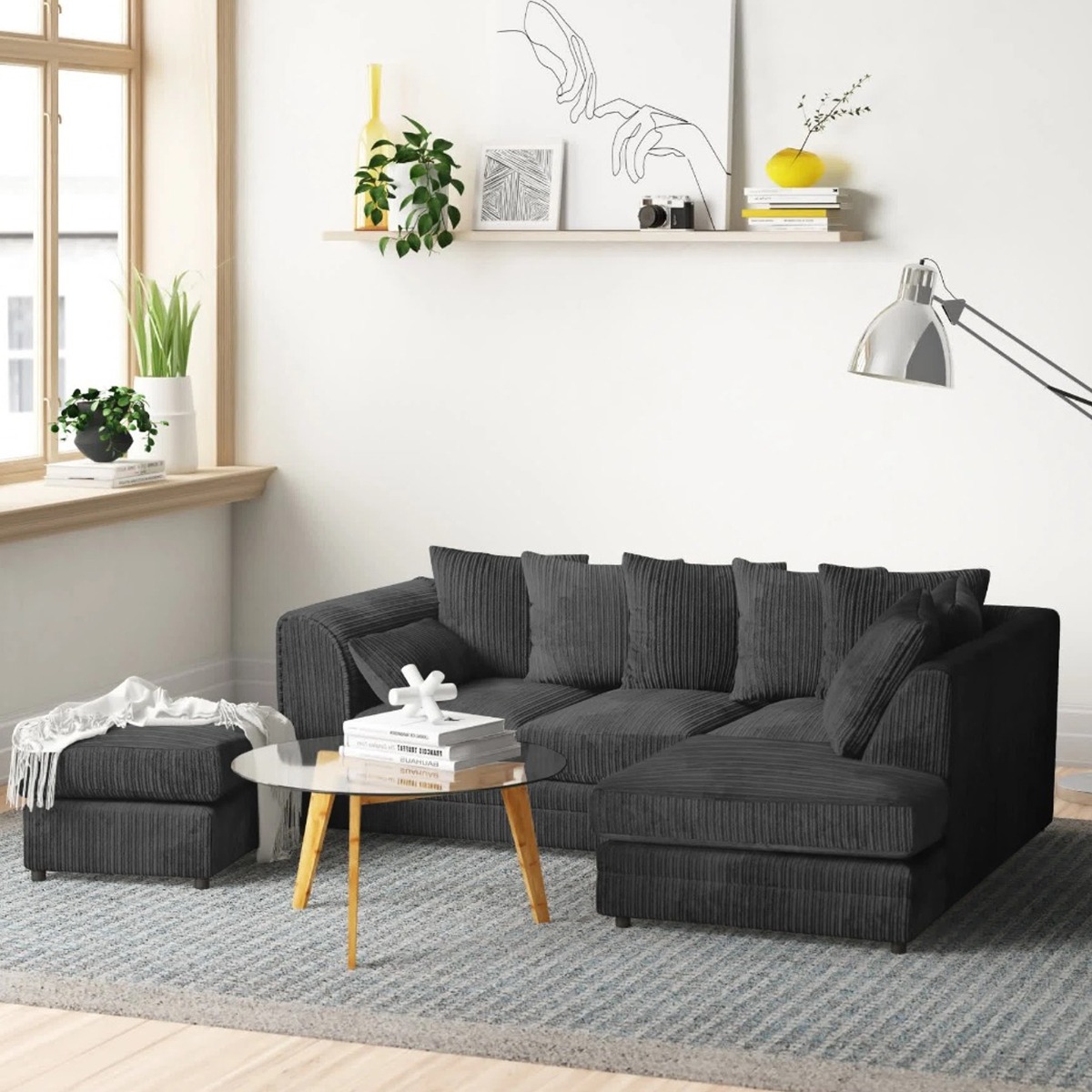 MONA Jumbo Cord 4 Seater L Shaped - Right Hand Facing Corner Sofa with Footstool - Black - Home Done