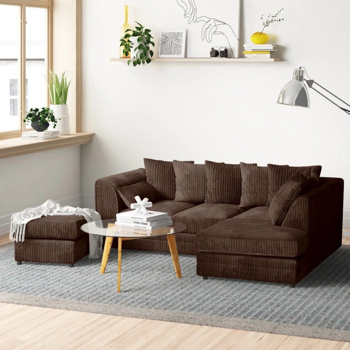 MONA Jumbo Cord 4 Seater L Shaped - Right Hand Facing Corner Sofa with Footstool - Chocolate Brown - Home Done