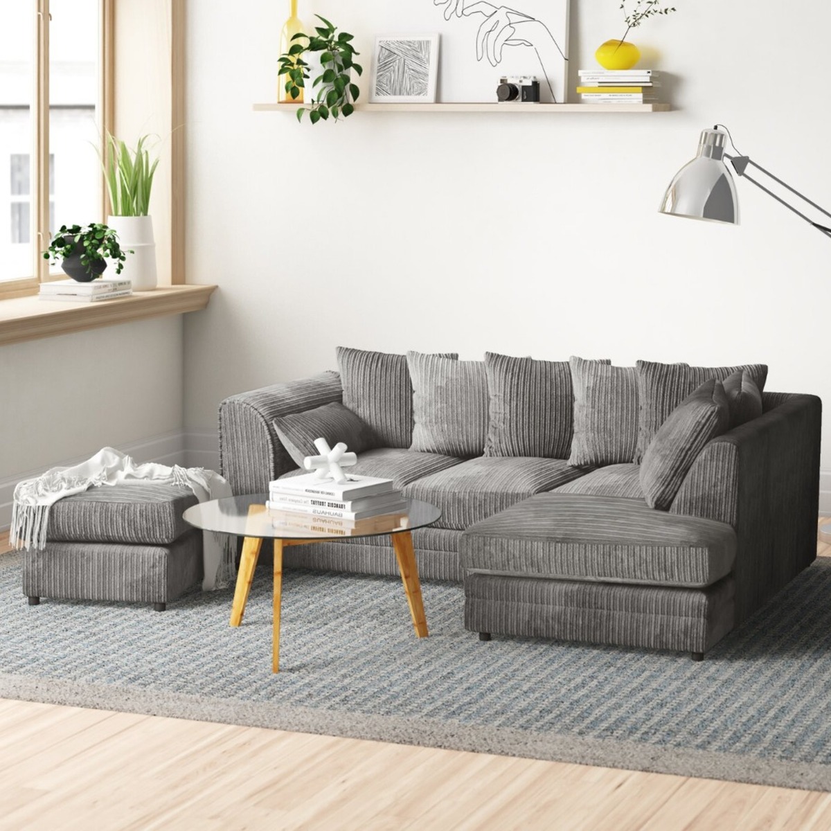 MONA Jumbo Cord 4 Seater L Shaped - Right Hand Facing Corner Sofa with Footstool - Grey - Home Done