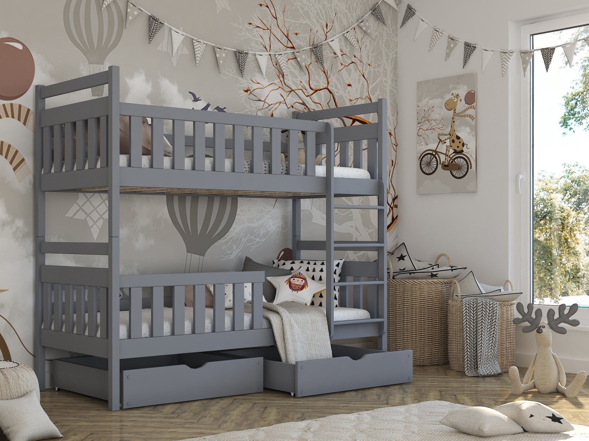 Montreal Wooden Bunk Bed with 2 Drawers Storage - Grey - Art Nest