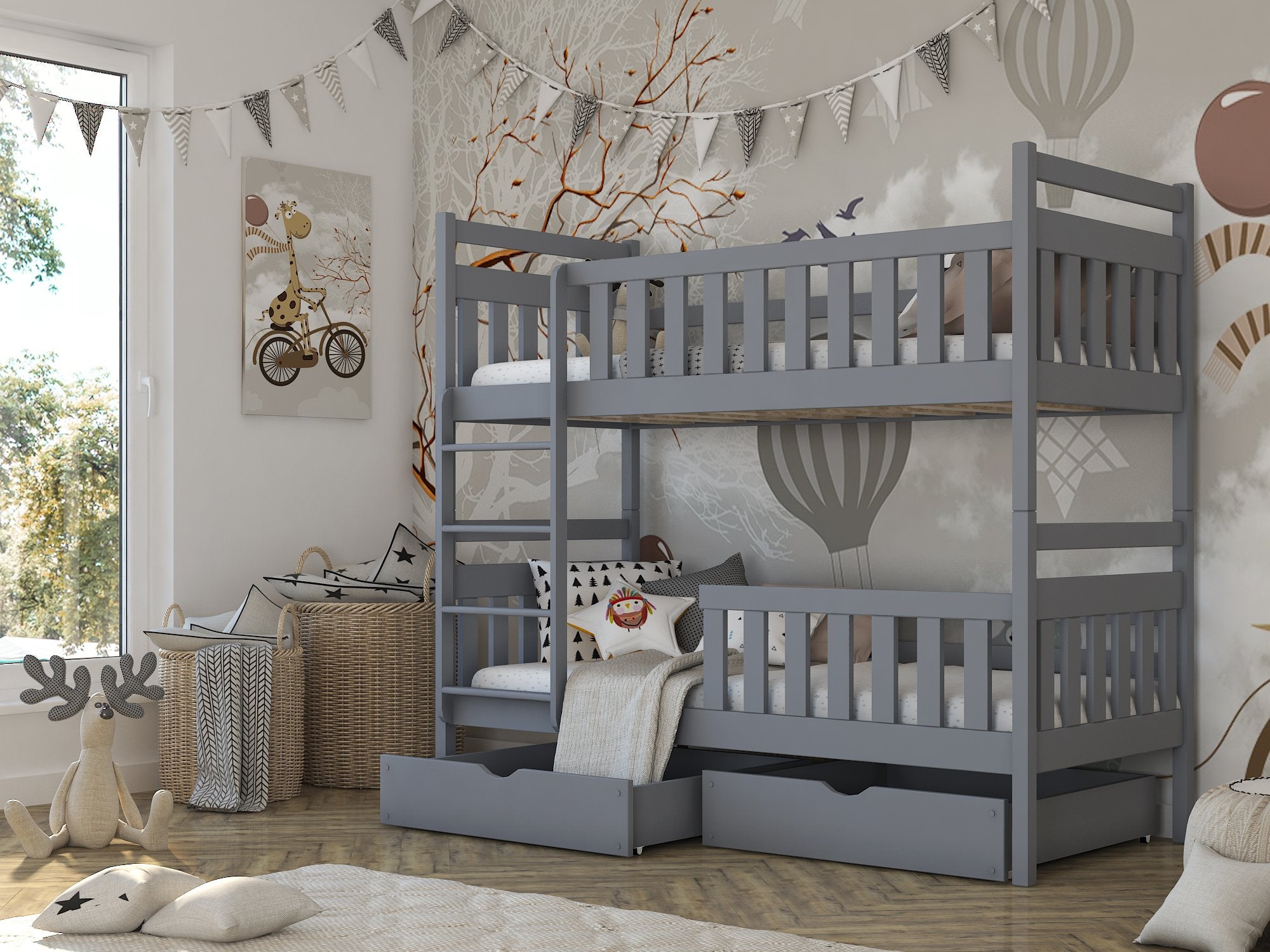 Montreal Wooden Bunk Bed with 2 Drawers Storage and Foam Mattress - Grey - Art Nest