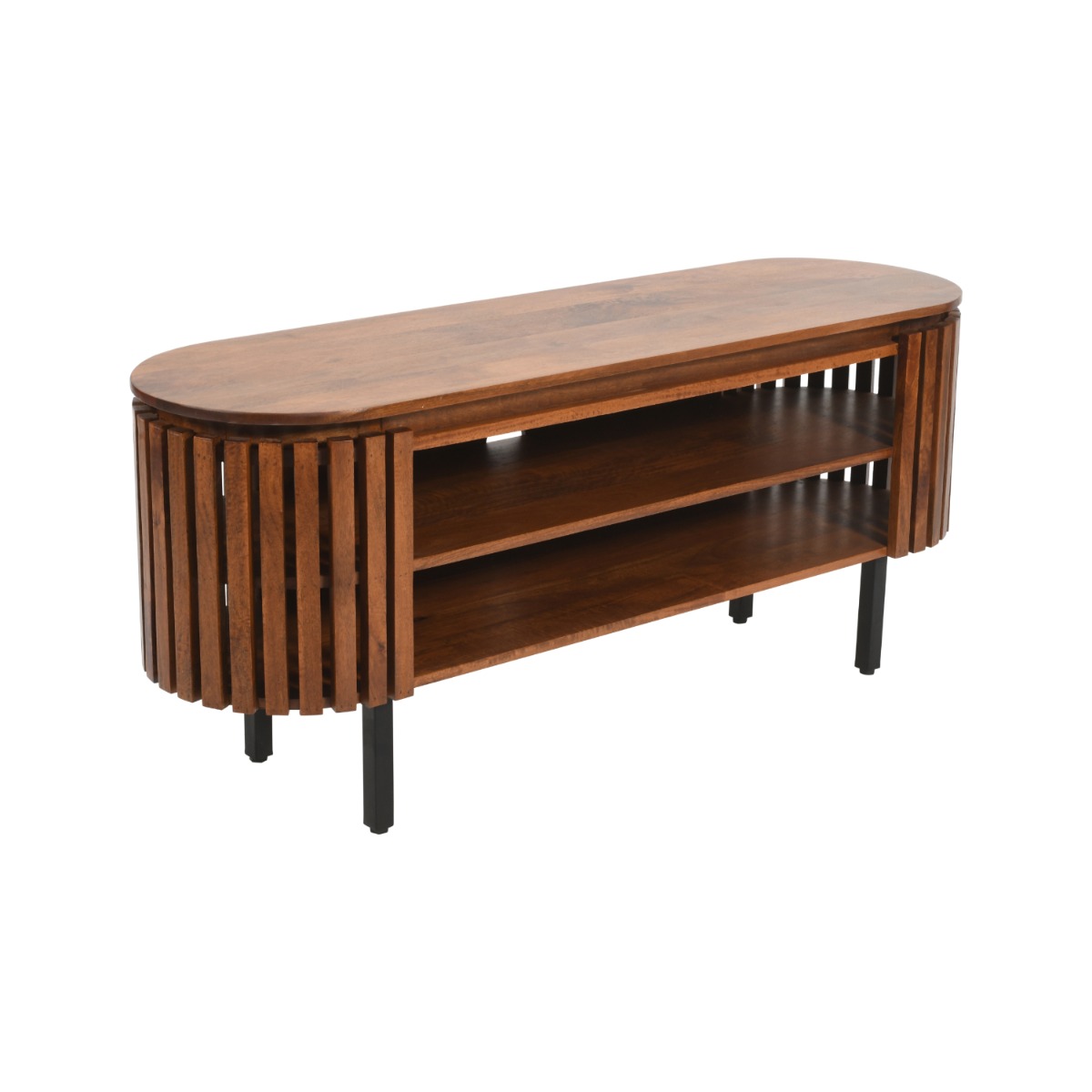 Classic Design Slatted Mango Wood Oval Shape TV Cabinet - Natural Wood Finish - Elfrida Interiors