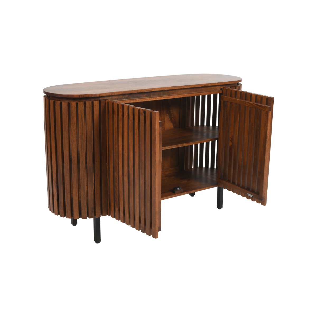 Classic Slatted Design Mango Wood 2 Doors Sideboard - Matte Black Metal Legs - Elfrida Interiors