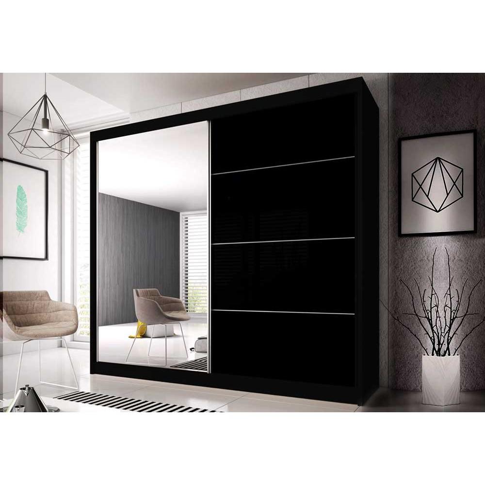 Sliding Wardrobe - MALTA I 2 Door Mirrored Wardrobe Black Matt 203cm - Art Nest
