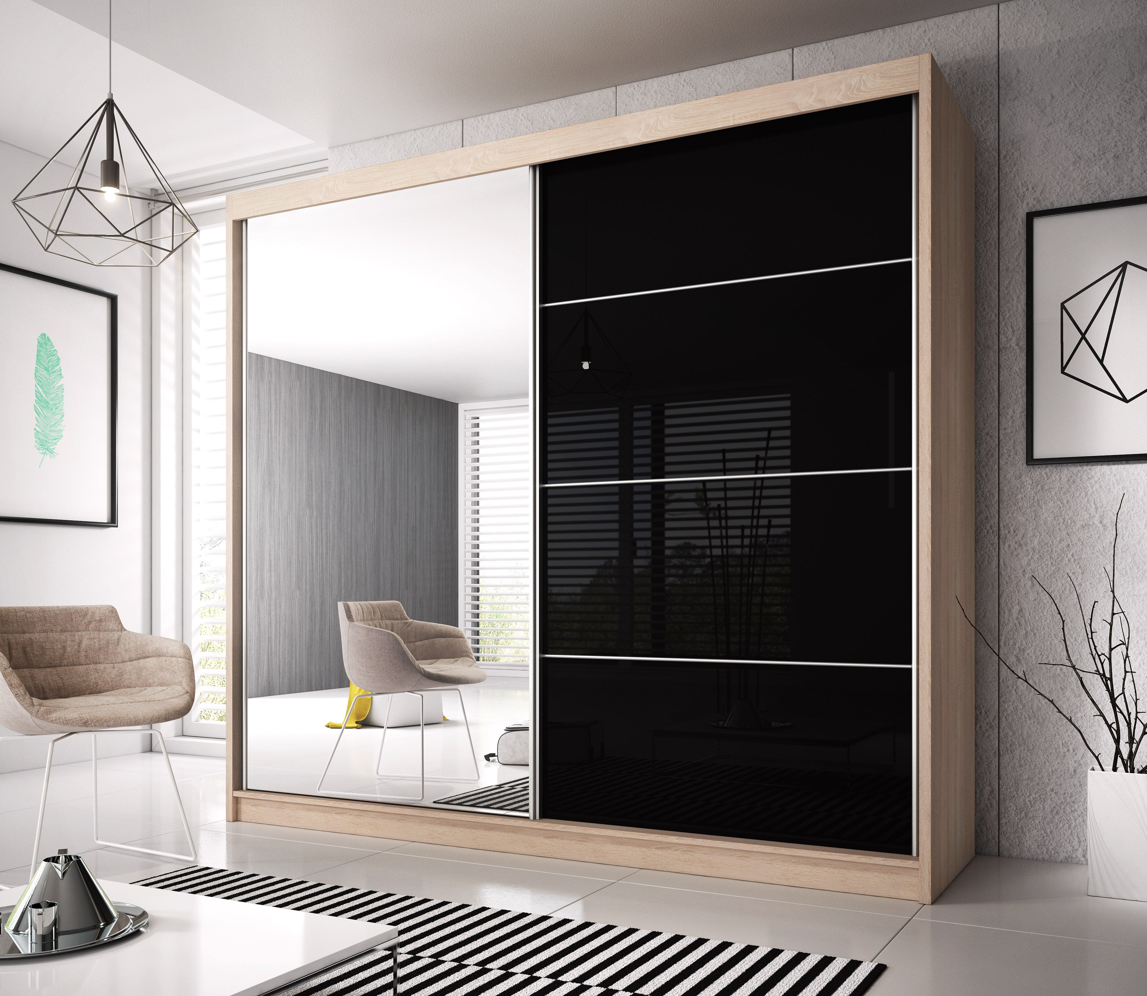 Sliding Wardrobe - MALTA I 2 Door Mirrored Wardrobe Oak Sanoma 183cm - Art Nest