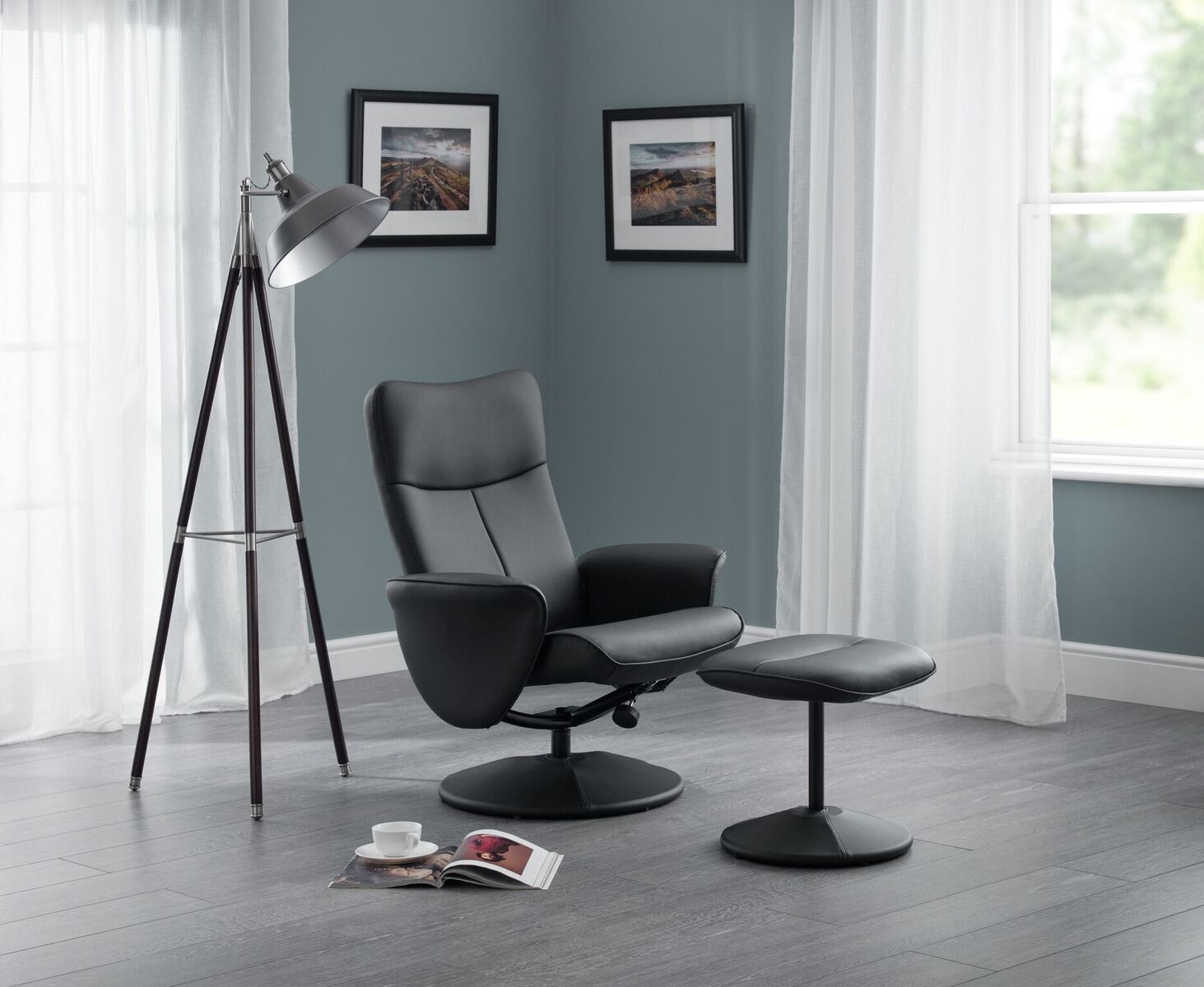 Lugano Recliner Swivel Chair & Stool - Black Faux Leather - JB Collections
