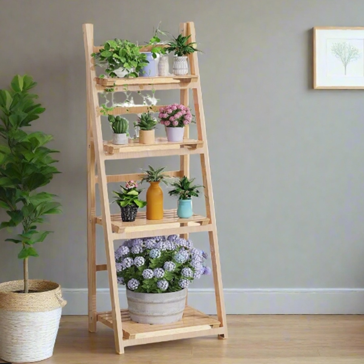 WESTORA Plant Stand 4-Tier Foldable Wooden Ladder Shelf Display Rack - Natural - The Urban Forge