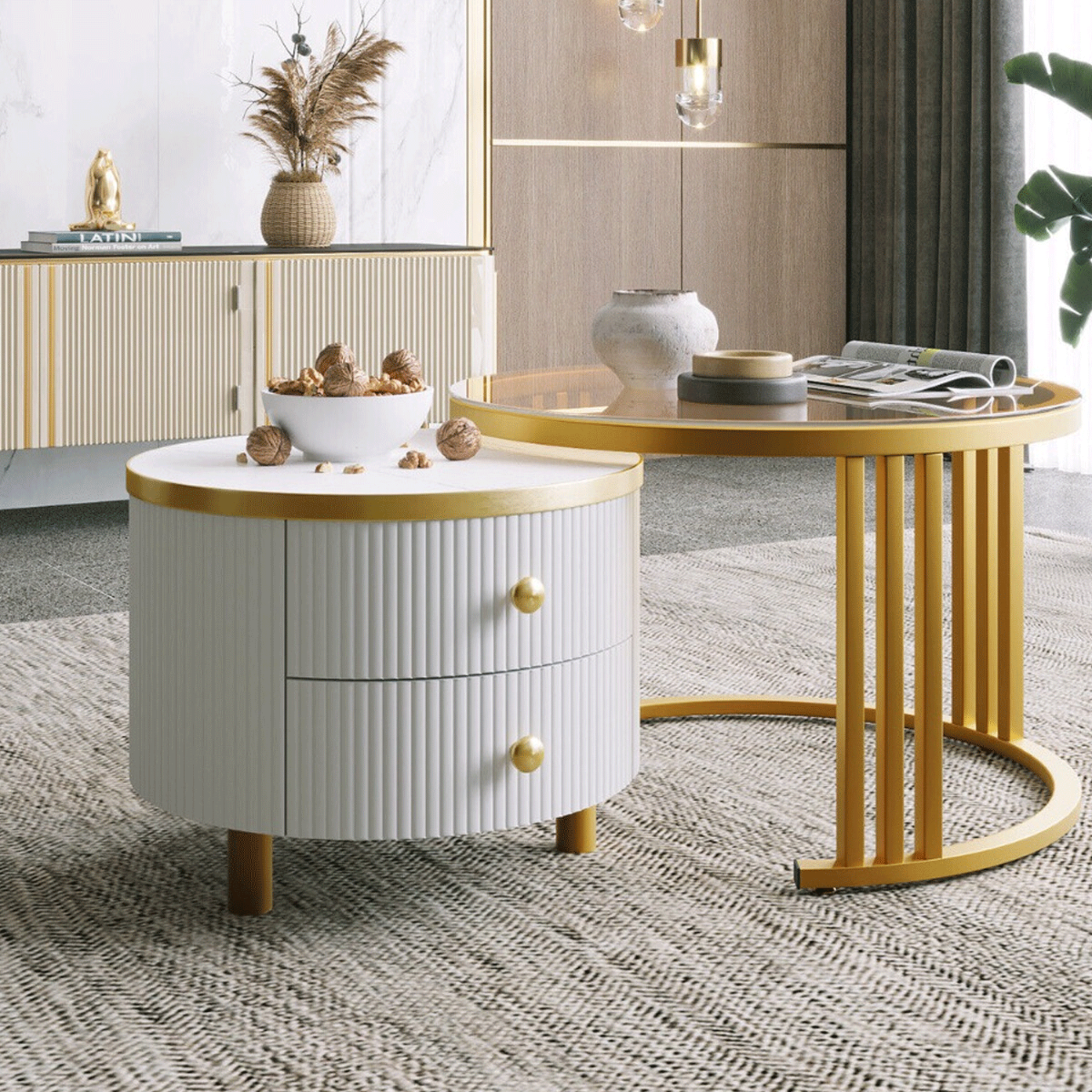 Luxe Living Hawthorn Marbled Stacking Nesting Glass in Double Round Coffee Tables - White - Bedroom & More